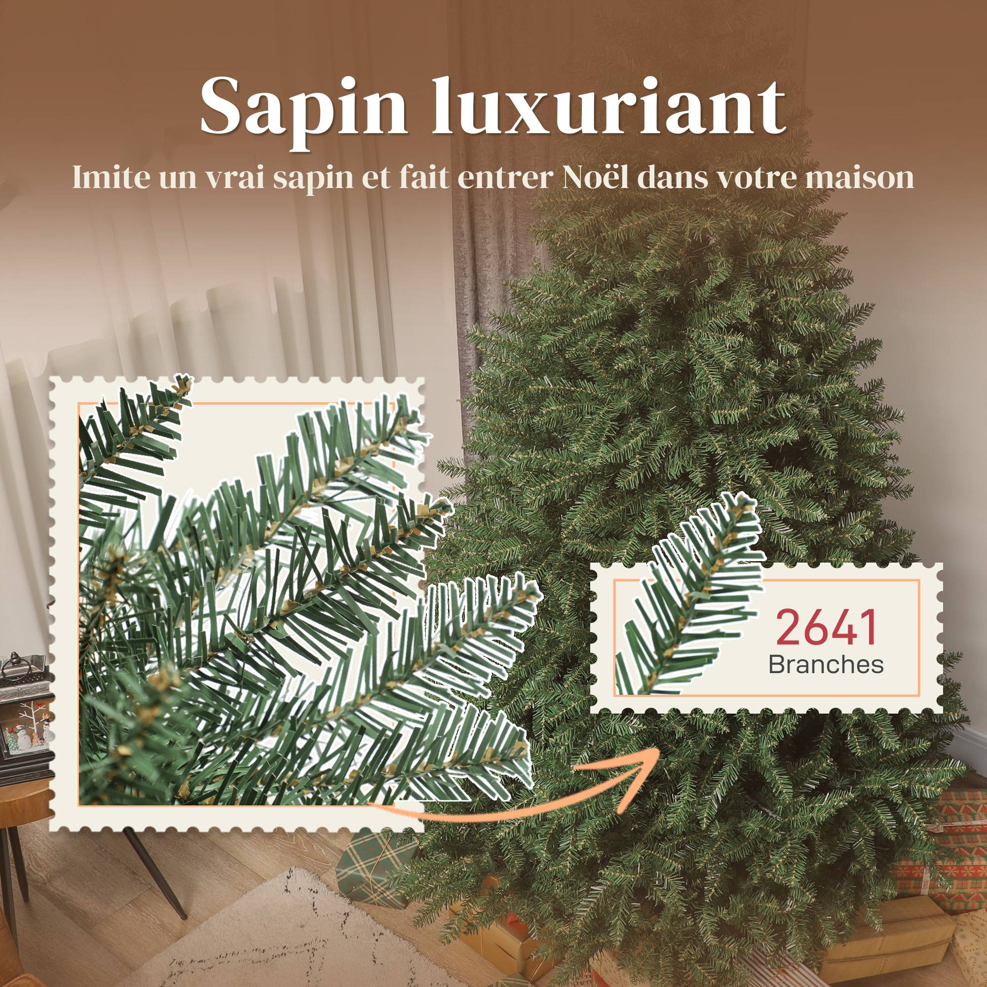 Sapin de Noël artificiel 210 cm, arbre de Noël réaliste avec 2641 pointes de branche articulée, support en métal, vert - Image 10