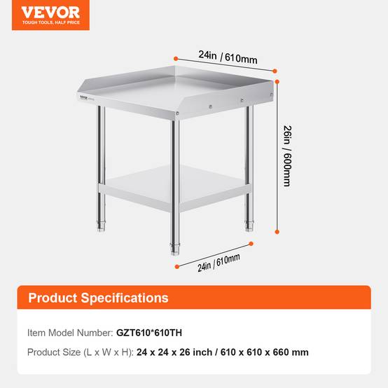 Vevor - VEVOR Table travail acier inox 61x61x66 cm, dosseret 3 côtés, hauteur réglable, pour cuisine restaurant. - Image 7