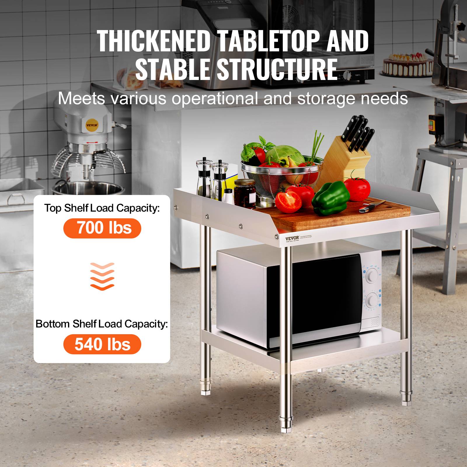 Vevor - VEVOR Table travail acier inox 61x61x66 cm, dosseret 3 côtés, hauteur réglable, pour cuisine restaurant. - Image 3
