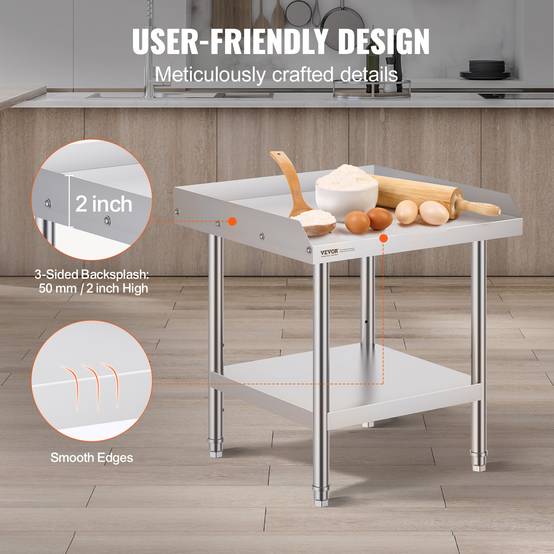 Vevor - VEVOR Table travail acier inox 61x61x66 cm, dosseret 3 côtés, hauteur réglable, pour cuisine restaurant. - Image 4