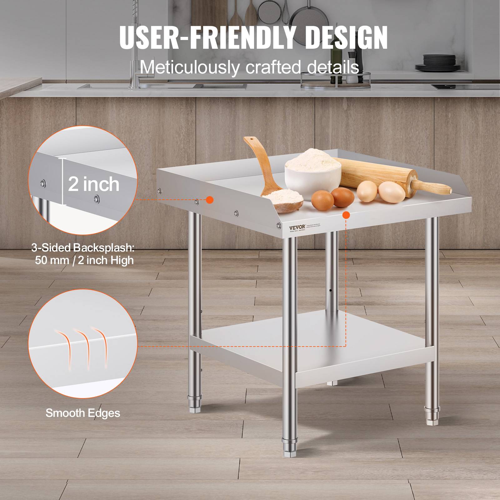 Vevor - VEVOR Table travail acier inox 61x61x66 cm, dosseret 3 côtés, hauteur réglable, pour cuisine restaurant. - Image 4
