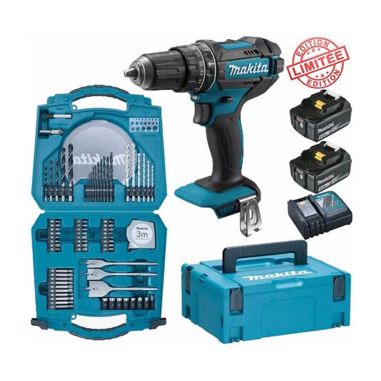 Perceuse visseuse à percussion Makita 18V 62Nm DHP482 + 2 batt 5 Ah + coffret 71 accessoires perçage vissage D-47145 - Image 1