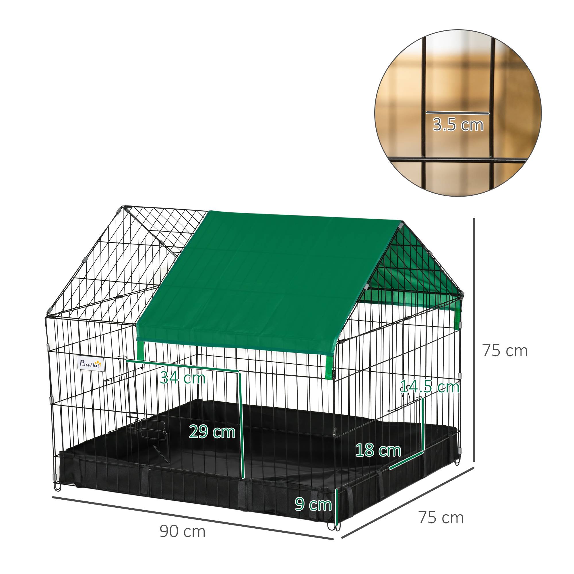 Parc Enclos Lapin Rongeur Intérieur Extérieur Oxford 90x75x75cm Noir Vert - ComfortXL Outdoor Living - Image 5