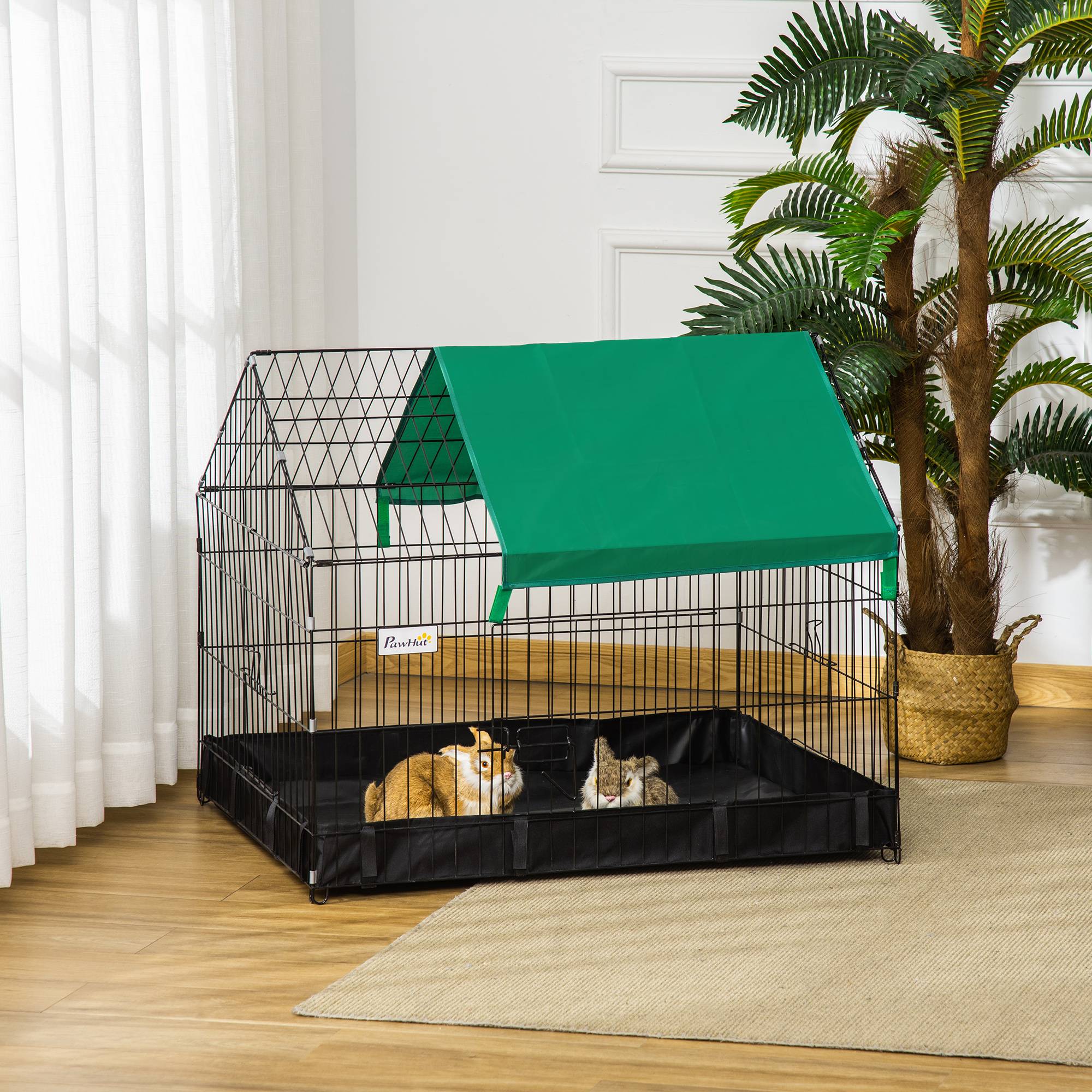 Parc Enclos Lapin Rongeur Intérieur Extérieur Oxford 90x75x75cm Noir Vert - ComfortXL Outdoor Living - Image 3
