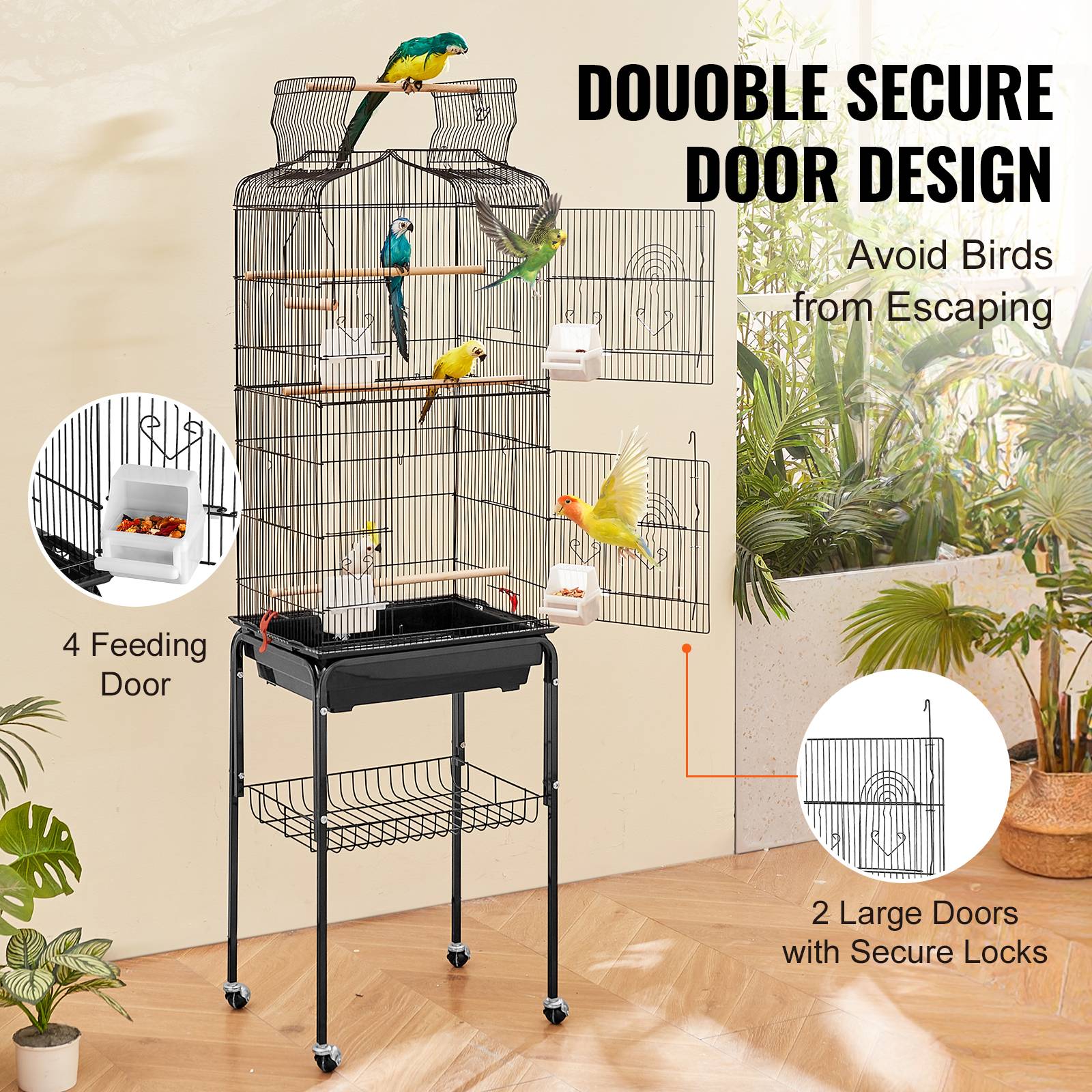 SucceBuy Cage oiseau 45,7x35,5x151 cm, métal, support roulant. Plateaux, perchoirs. - Image 4