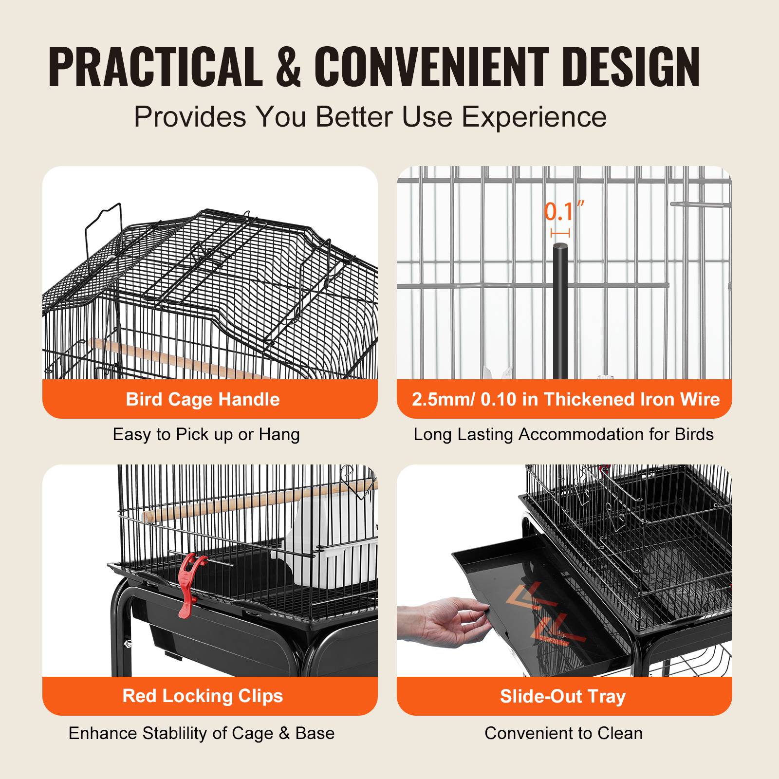 SucceBuy Cage oiseau 45,7x35,5x151 cm, métal, support roulant. Plateaux, perchoirs. - Image 6