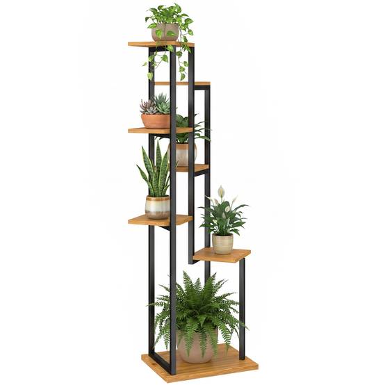 Étagère à plantes 7 niveaux bois métal intérieur extérieur présentoir cascade 56x130 cm marron - ComfortXL Outdoor Living - Image 1