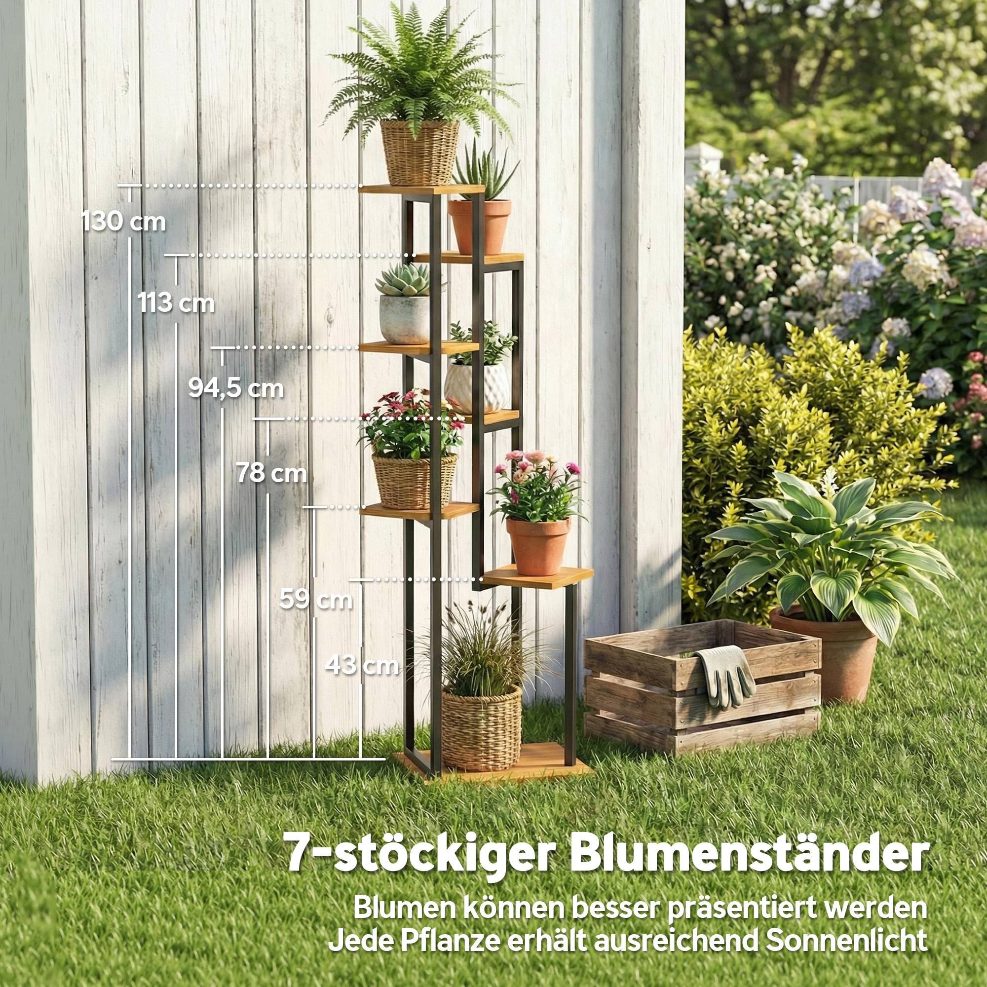 Étagère à plantes 7 niveaux bois métal intérieur extérieur présentoir cascade 56x130 cm marron - ComfortXL Outdoor Living - Image 6