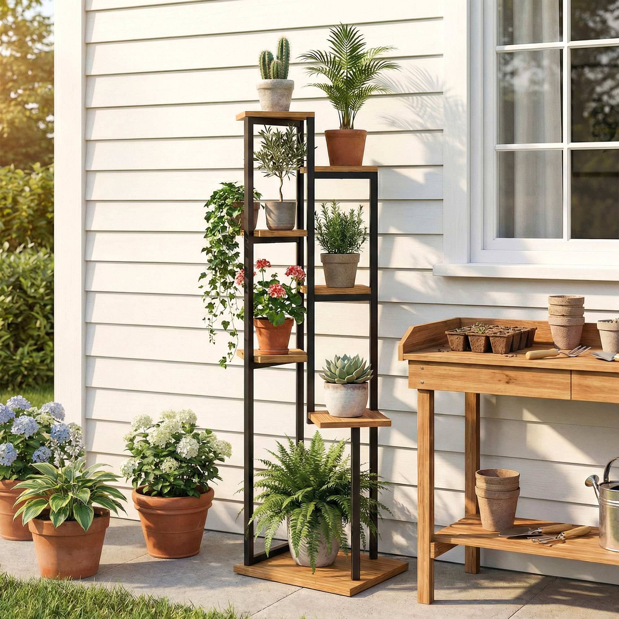 Étagère à plantes 7 niveaux bois métal intérieur extérieur présentoir cascade 56x130 cm marron - ComfortXL Outdoor Living - Image 3