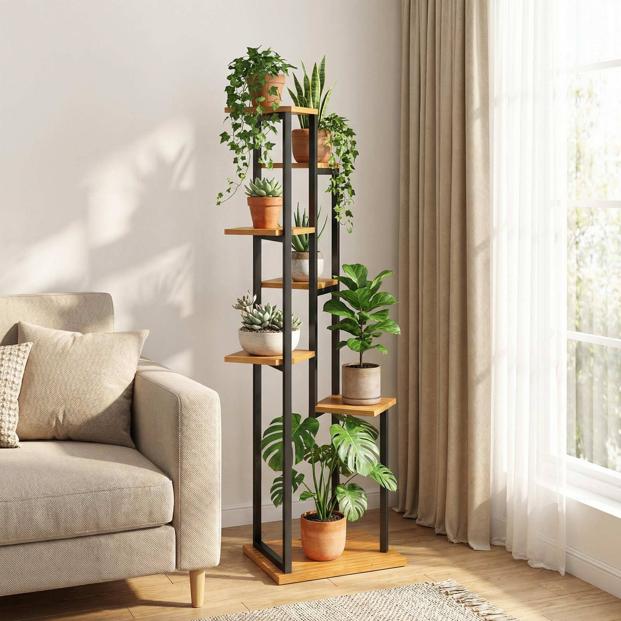 Étagère à plantes 7 niveaux bois métal intérieur extérieur présentoir cascade 56x130 cm marron - ComfortXL Outdoor Living - Image 10