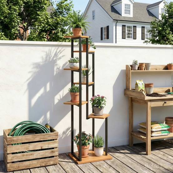Étagère à plantes 7 niveaux bois métal intérieur extérieur présentoir cascade 56x130 cm marron - ComfortXL Outdoor Living - Image 4