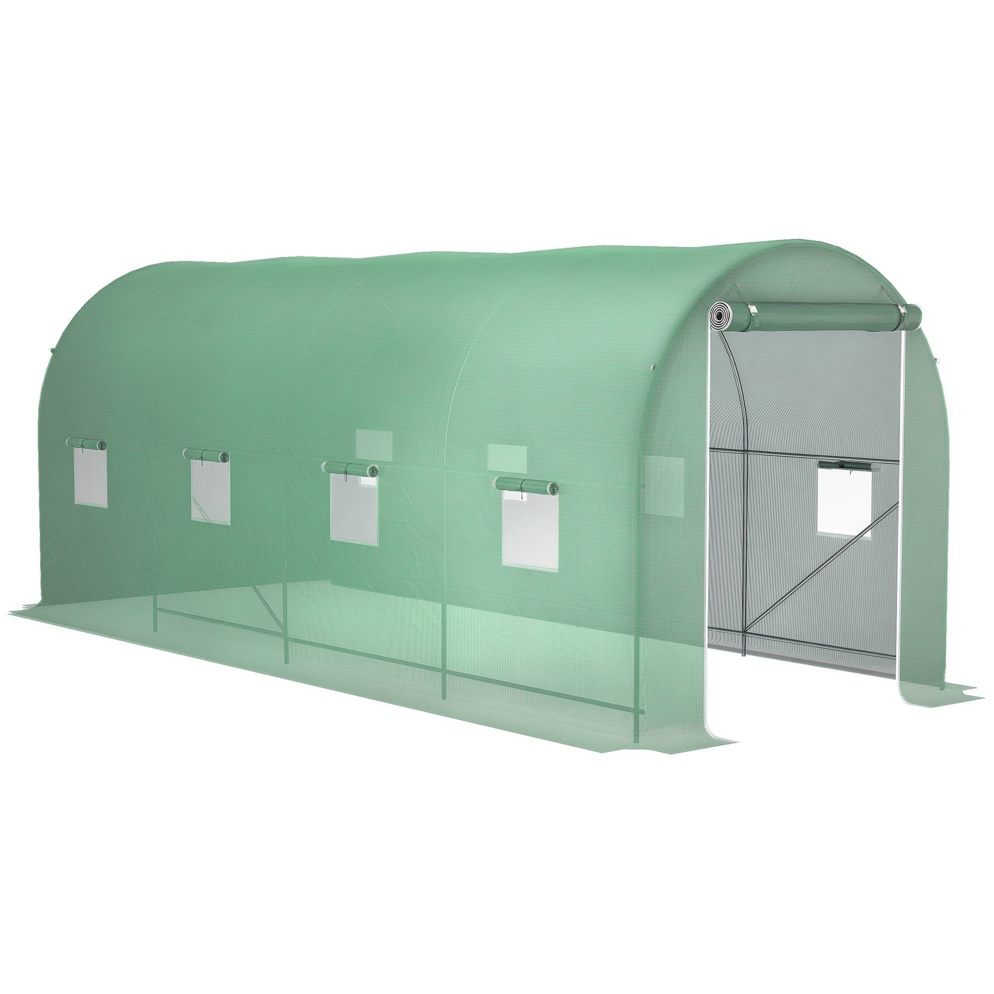 Serre tunnel verte 10m² 5 x 2 x 2,05 m, châssis tubulaire renforcé, porte zippée et 8 fenêtres enroulables - Image 1