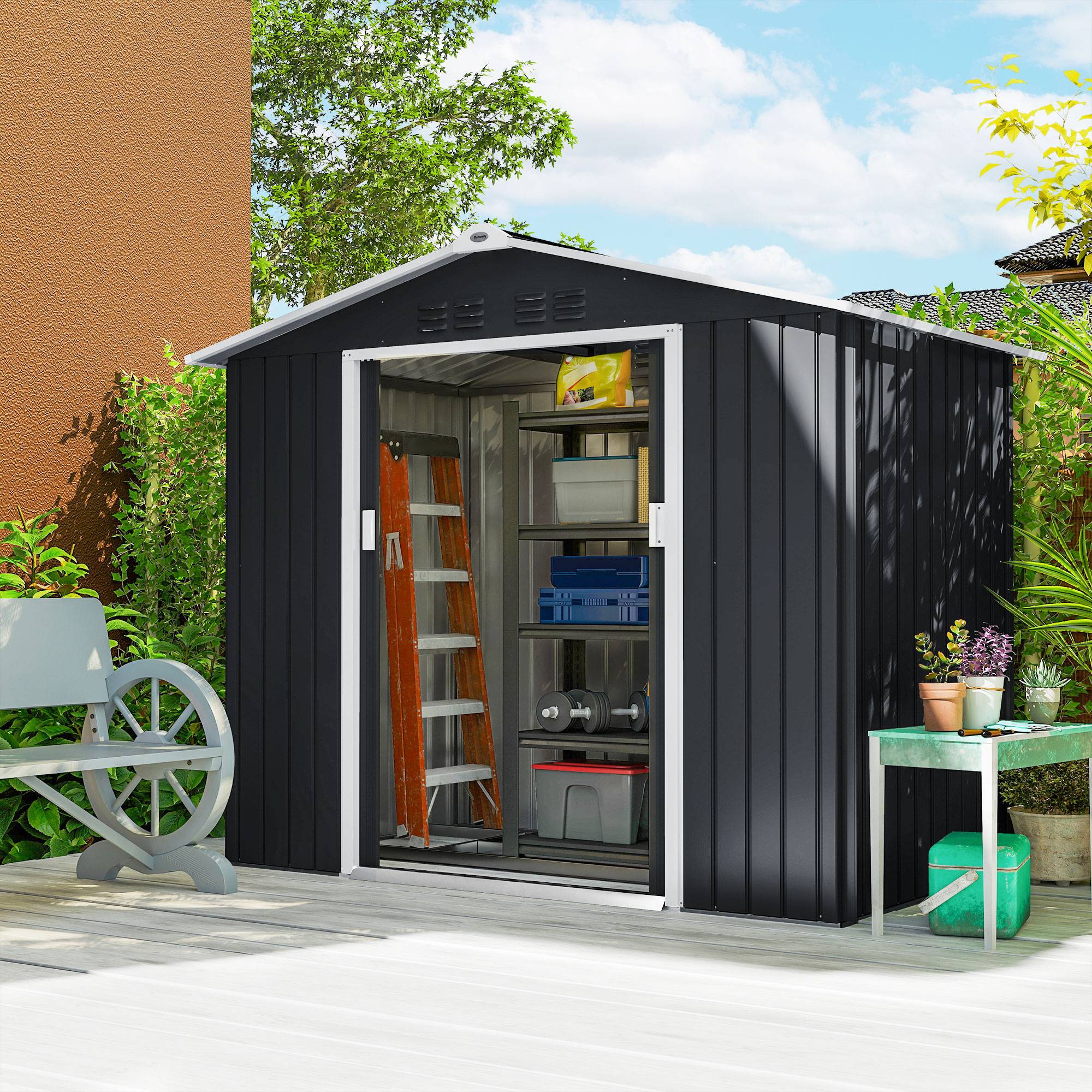 Abri de jardin métal avec aérations double porte coulissante 277x195x192 cm cabanon extérieur gris foncé - Image 3