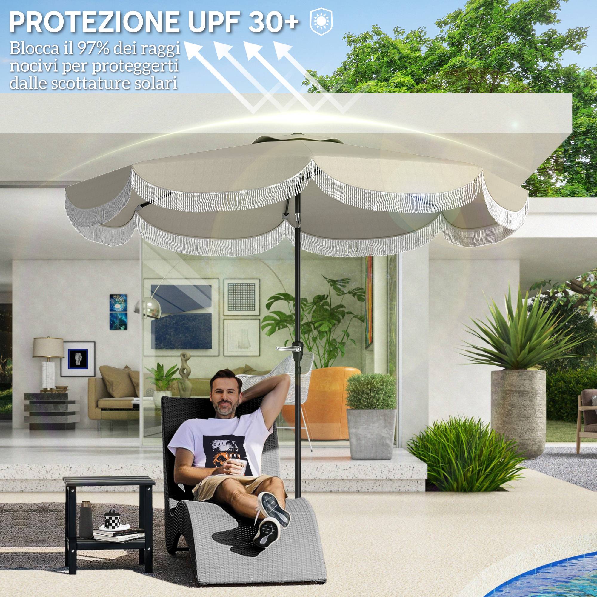 Parasol de jardin rond 2,7x2,4 m avec manivelle, en métal et polyester, gris clair - Image 7