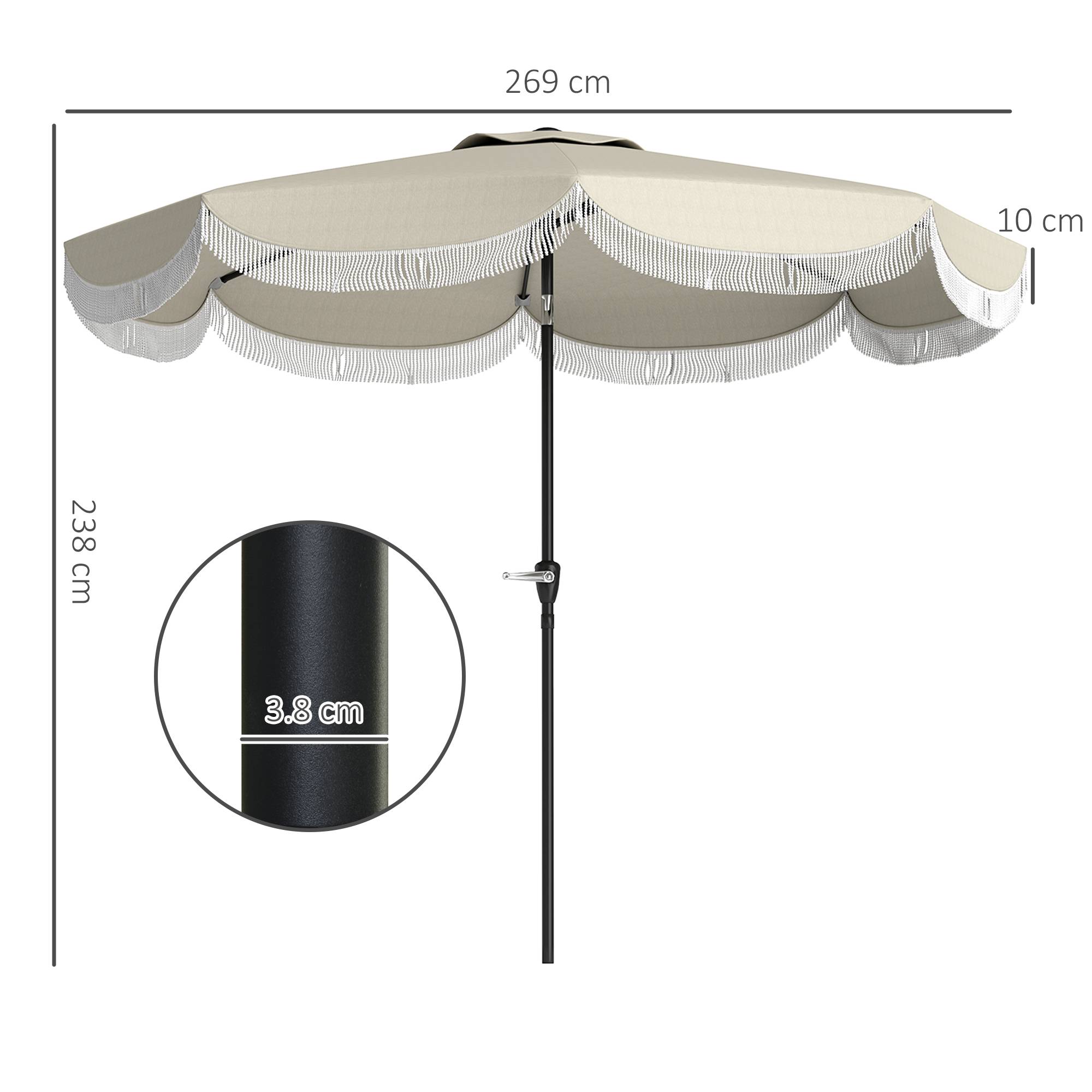 Parasol de jardin rond 2,7x2,4 m avec manivelle, en métal et polyester, gris clair - Image 5