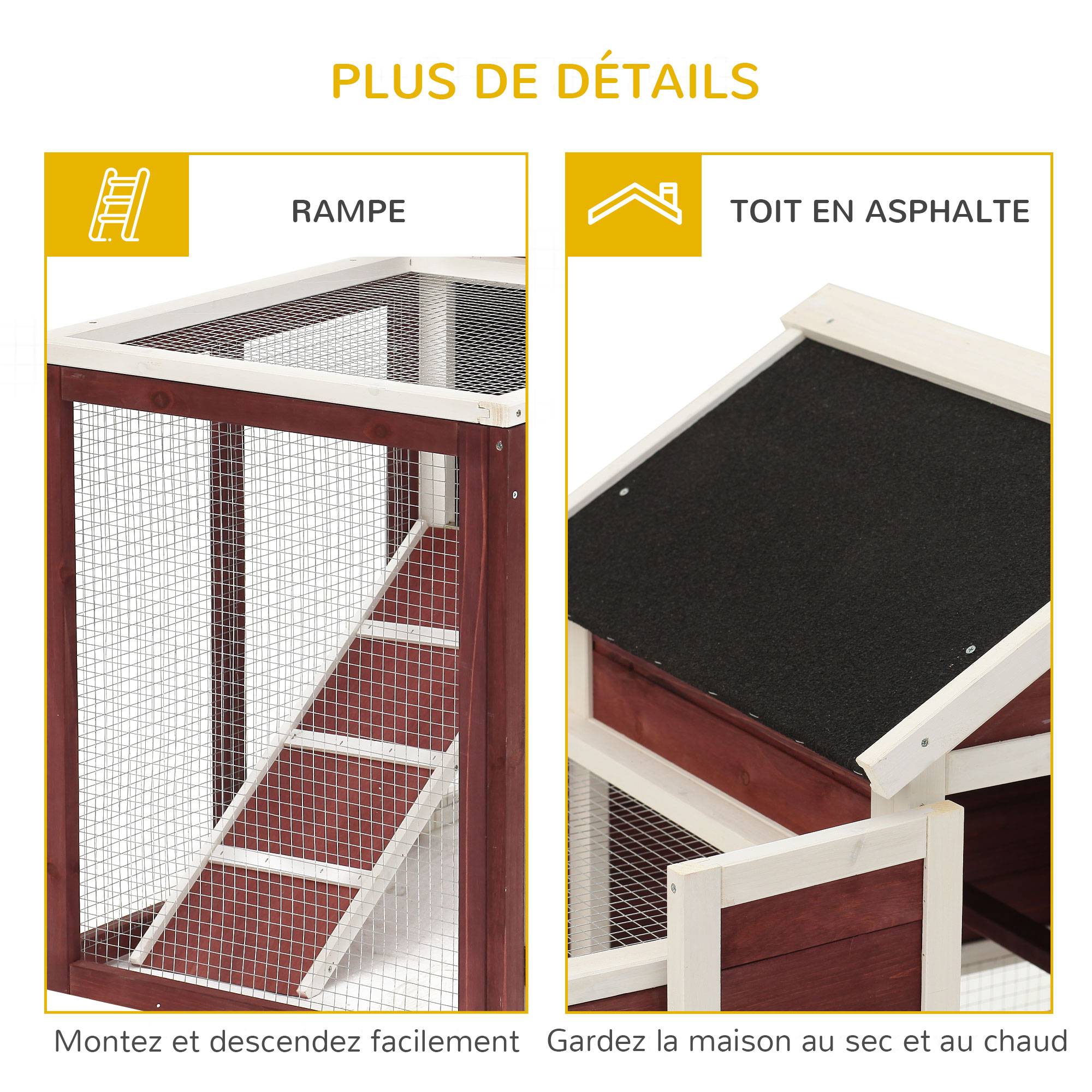 Clapier multi-équipé, niche supérieure rampe, plateau excrément, fenêtre, enclos extérieur, 123,5x62,6x92,5 cm, rouge brique - Image 9