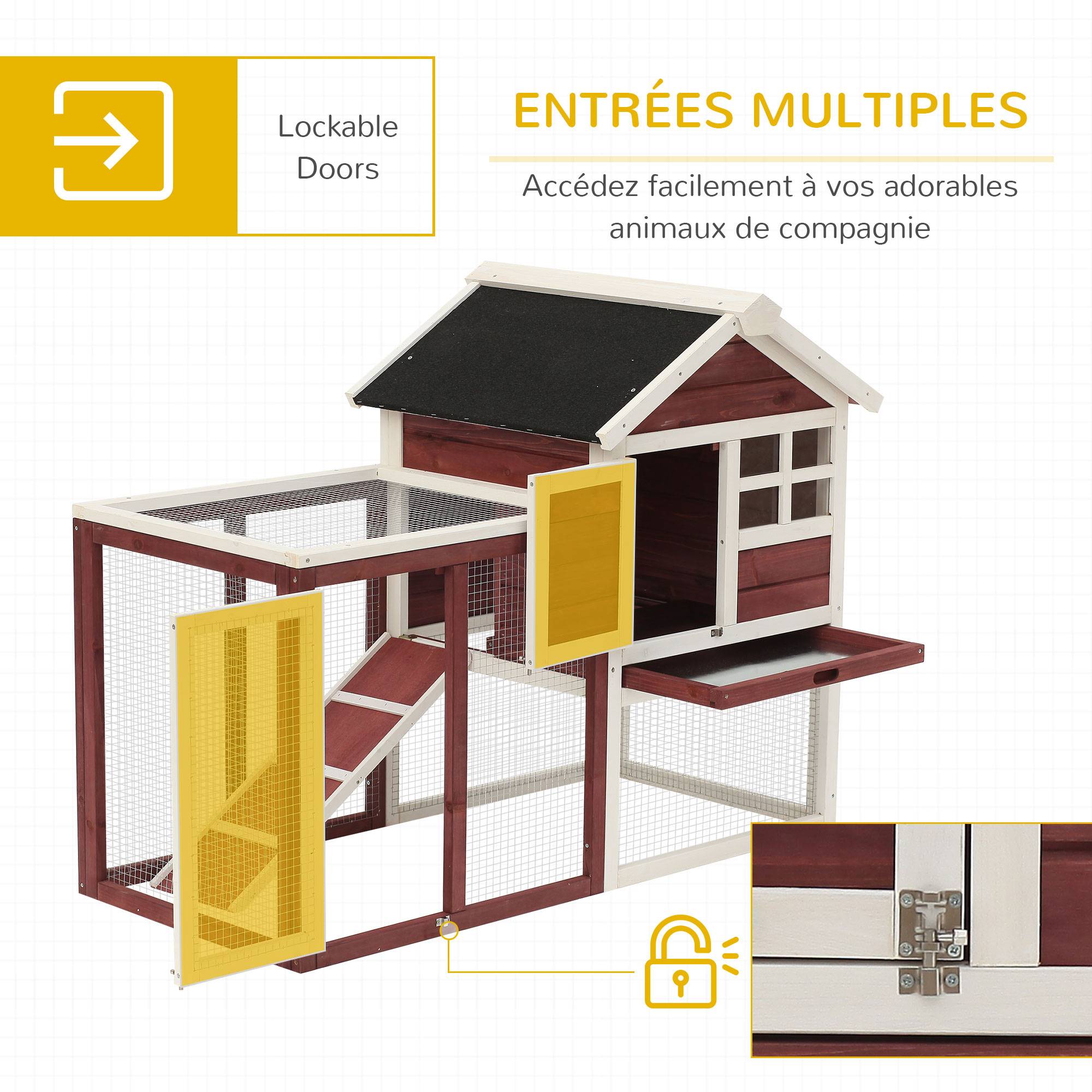 Clapier multi-équipé, niche supérieure rampe, plateau excrément, fenêtre, enclos extérieur, 123,5x62,6x92,5 cm, rouge brique - Image 7