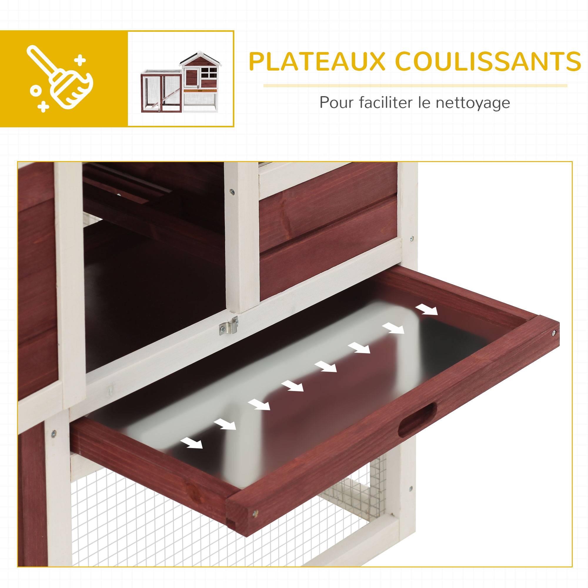 Clapier multi-équipé, niche supérieure rampe, plateau excrément, fenêtre, enclos extérieur, 123,5x62,6x92,5 cm, rouge brique - Image 8