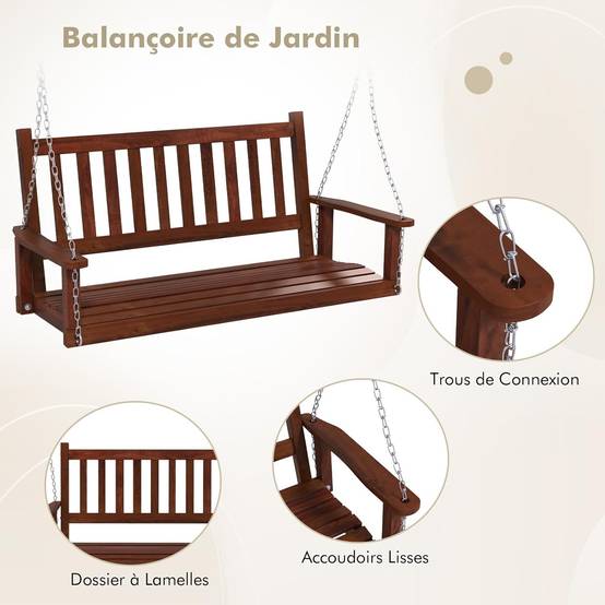 Balançoire de Porche Suspendue pour 3 Personnes, Banc Suspendu , Charge 360KG(Marron,3 Places) - Image 2