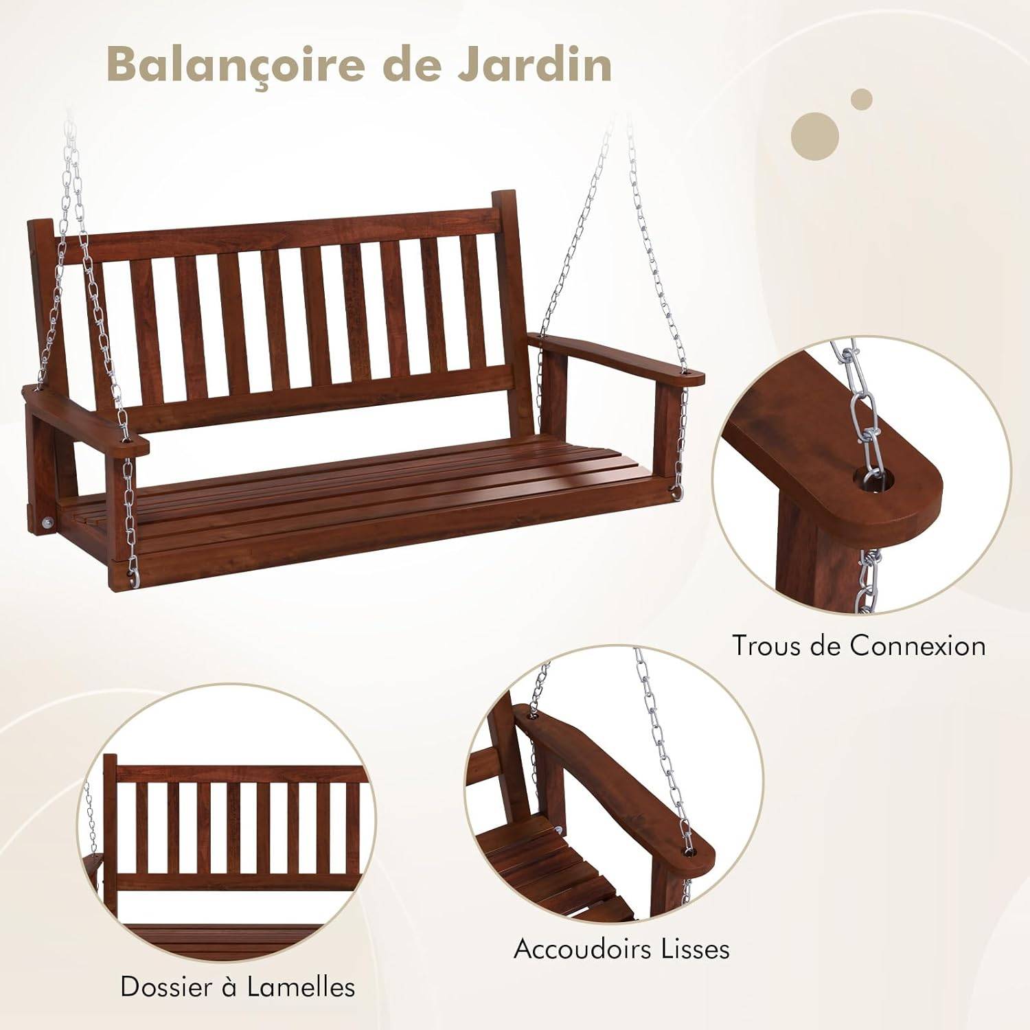 Balançoire de Porche Suspendue pour 3 Personnes, Banc Suspendu , Charge 360KG(Marron,3 Places) - Image 2