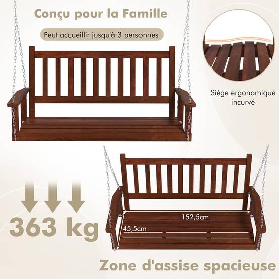 Balançoire de Porche Suspendue pour 3 Personnes, Banc Suspendu , Charge 360KG(Marron,3 Places) - Image 1