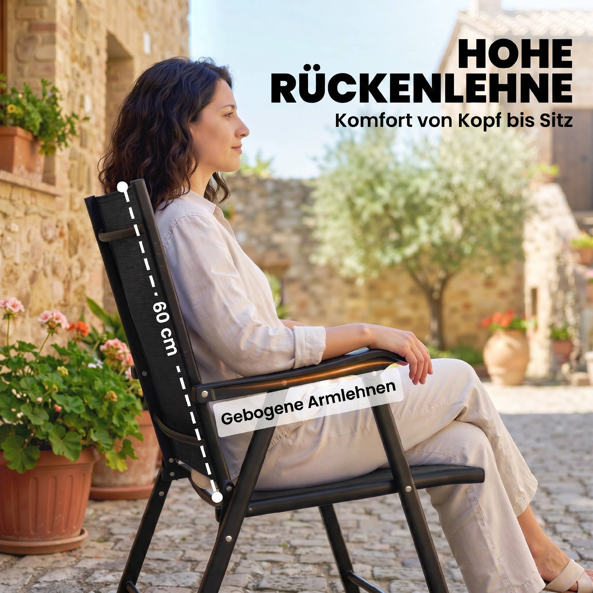 Ensemble de 2 chaises de jardin pliantes avec dossier haut et accoudoirs, acier, Textline, 58 x 62 x 97 cm, noir - Image 6
