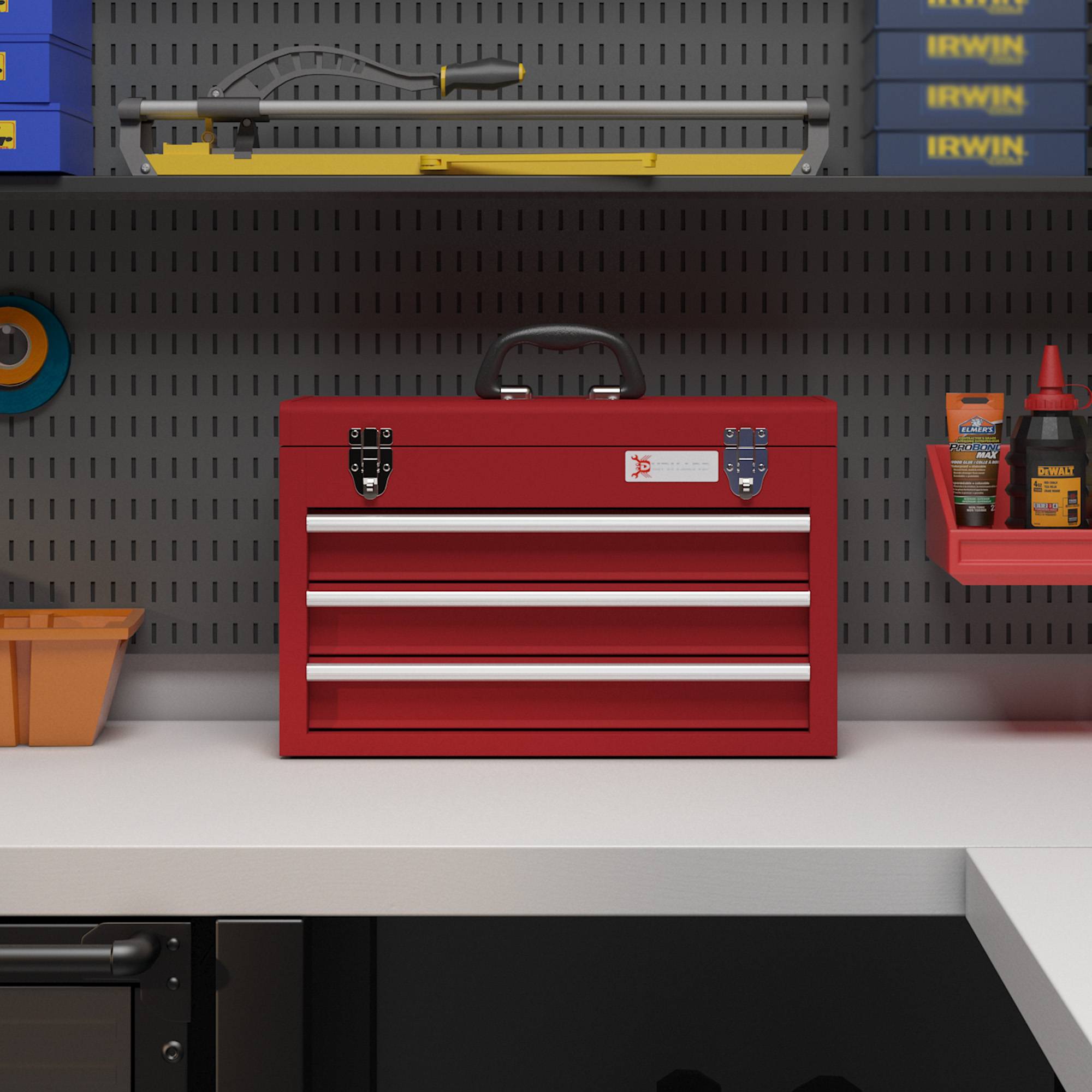 Sans Marque - Boîte à outils avec 3 tiroirs, compartiment de rangement supérieur, fixations en acier, poignée de transport, 51x22x32 cm, rouge - Image 8