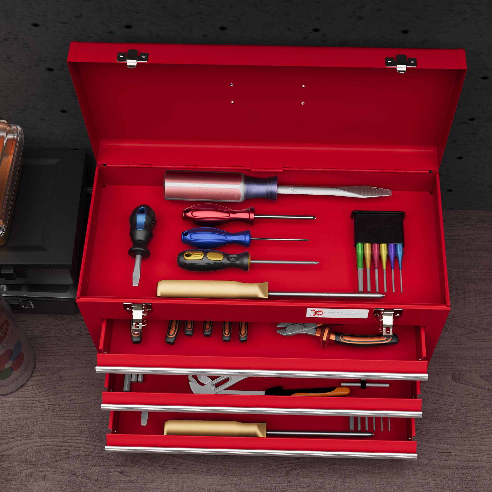 Sans Marque - Boîte à outils avec 3 tiroirs, compartiment de rangement supérieur, fixations en acier, poignée de transport, 51x22x32 cm, rouge - Image 9