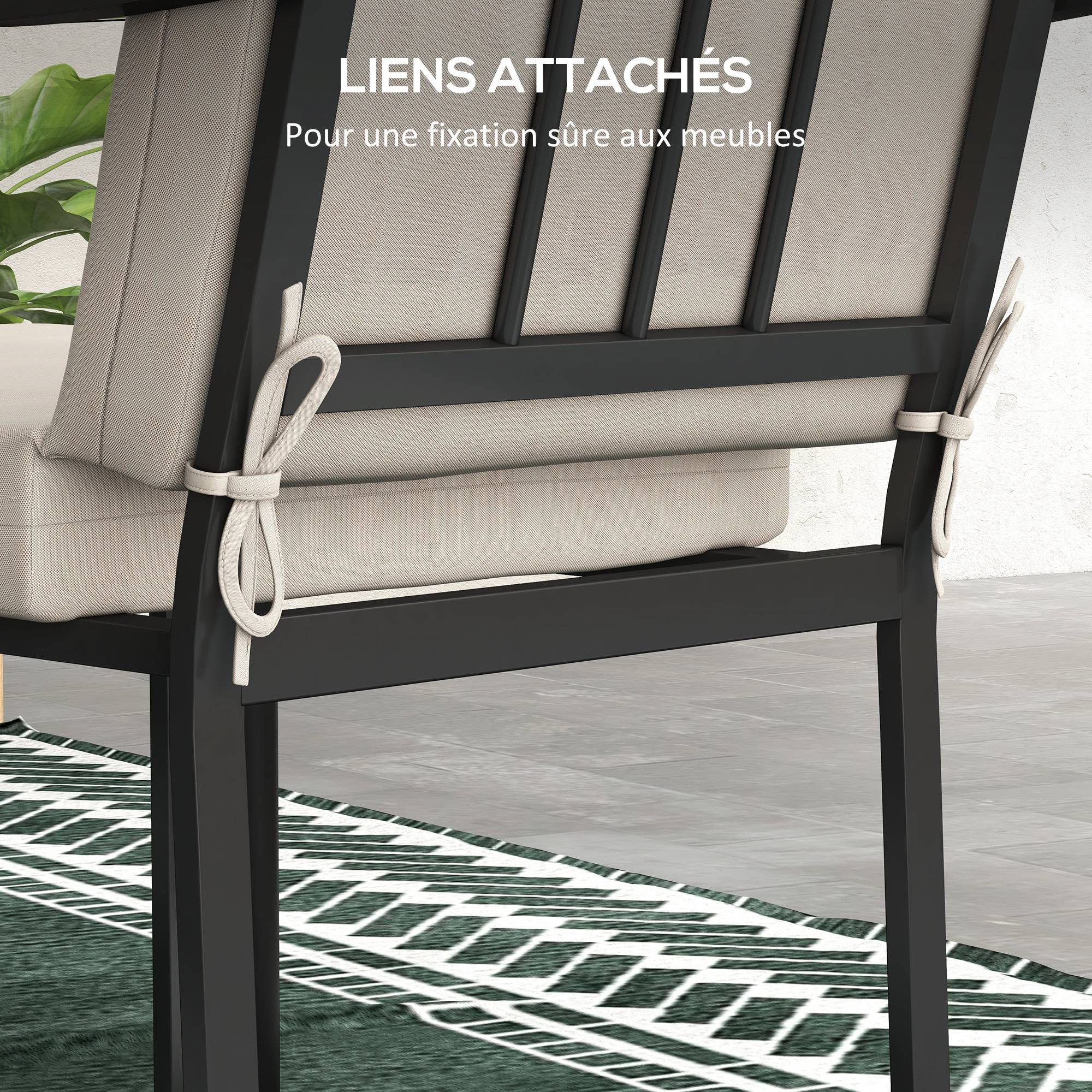 Lot de 2 coussins d'extérieur pour fauteuil chaise à dossier avec attaches rembourrage 8 cm, dim. 112L x 51l cm, beige - Image 8