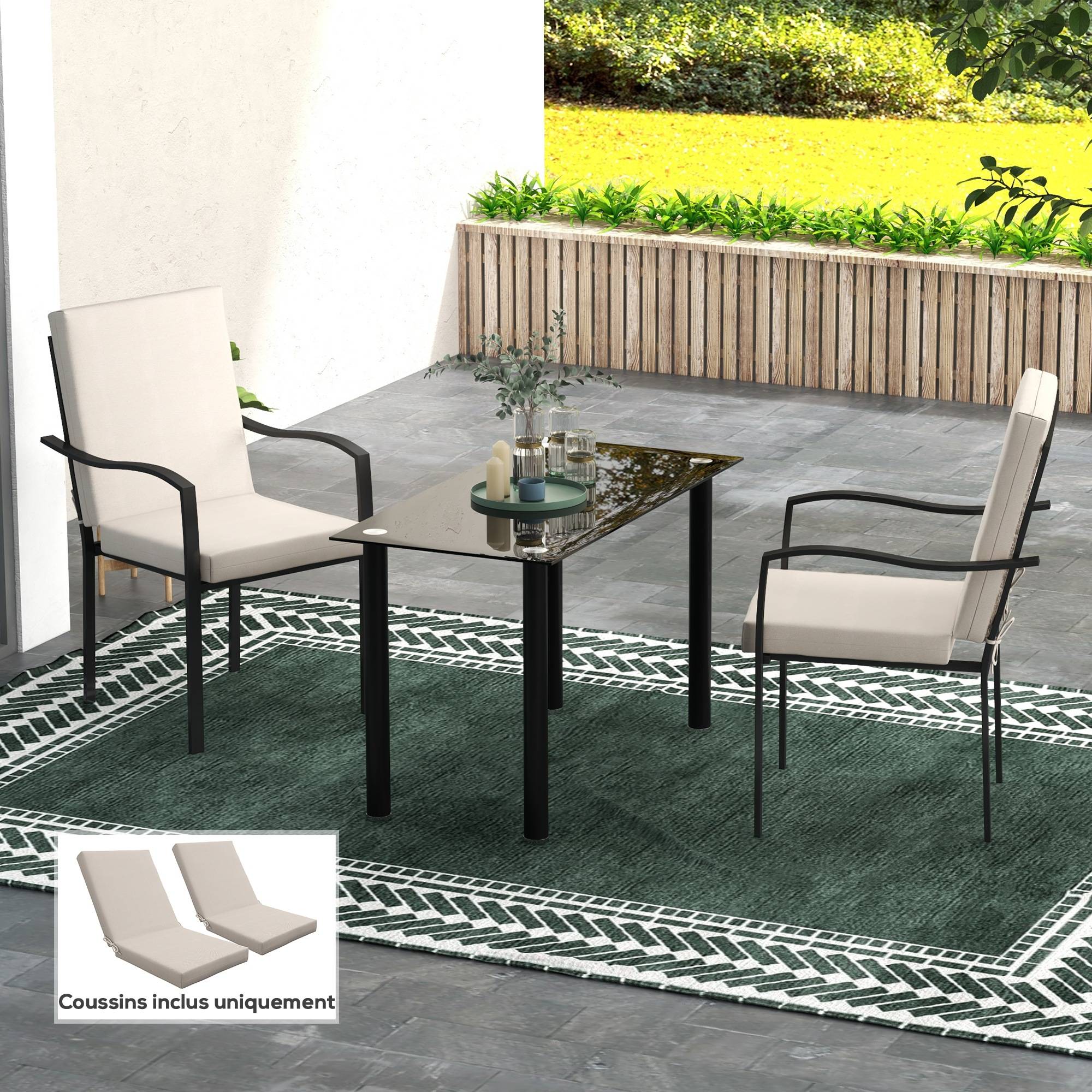 Lot de 2 coussins d'extérieur pour fauteuil chaise à dossier avec attaches rembourrage 8 cm, dim. 112L x 51l cm, beige - Image 4
