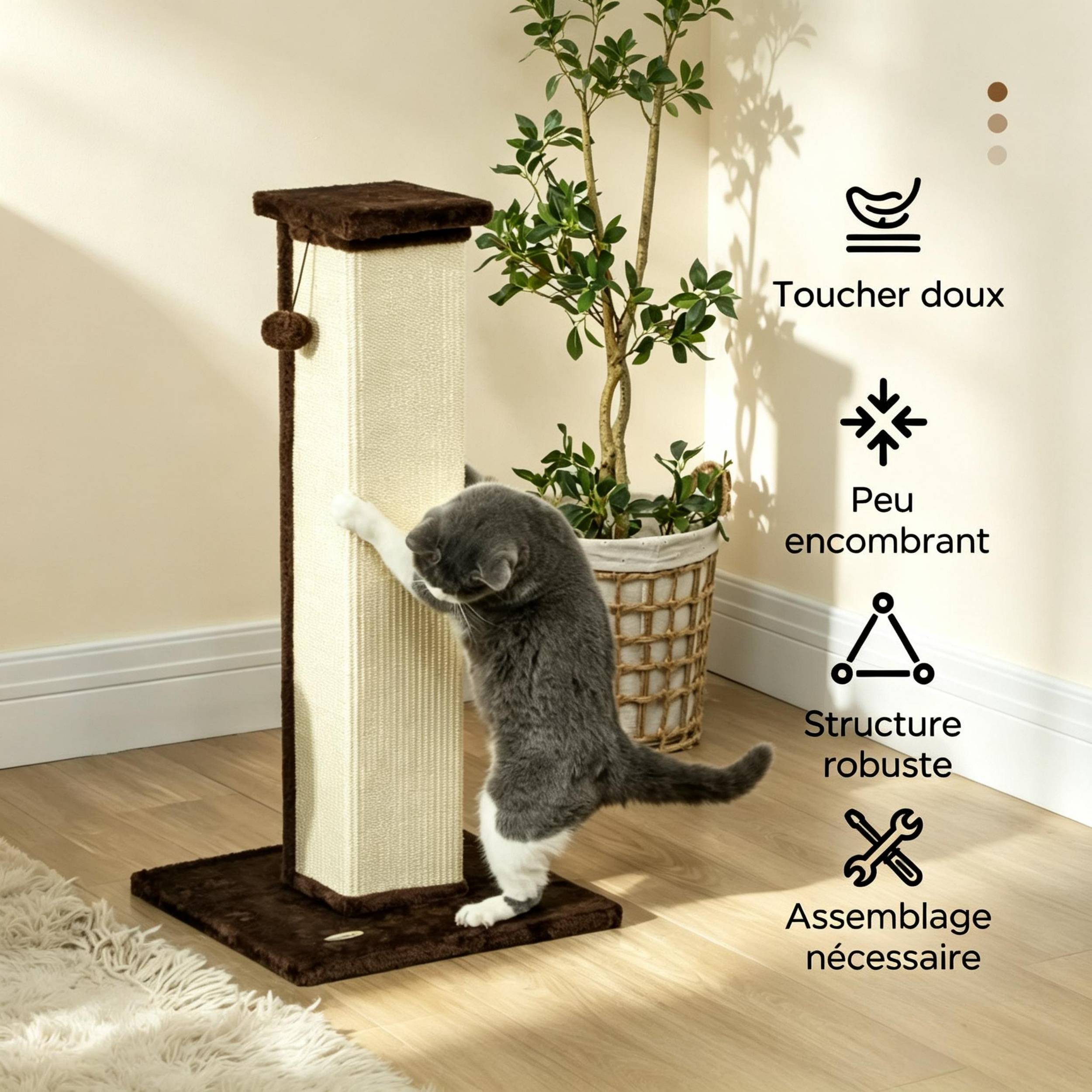 ComfortXL - Griffoir pour chat en sisal et peluche 41 x 41 x 81 cm brun crème avec balle suspendue et base stable - Image 4