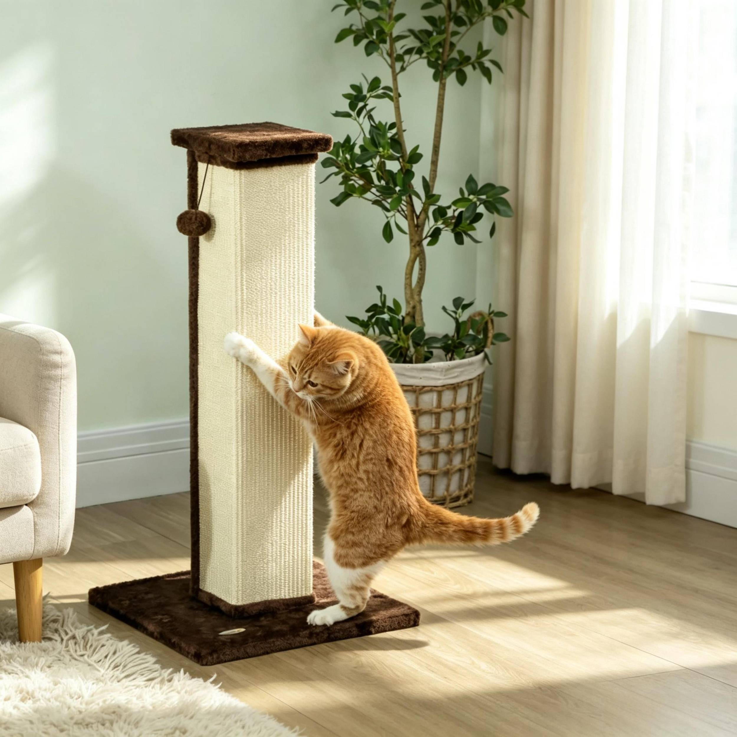 ComfortXL - Griffoir pour chat en sisal et peluche 41 x 41 x 81 cm brun crème avec balle suspendue et base stable - Image 2