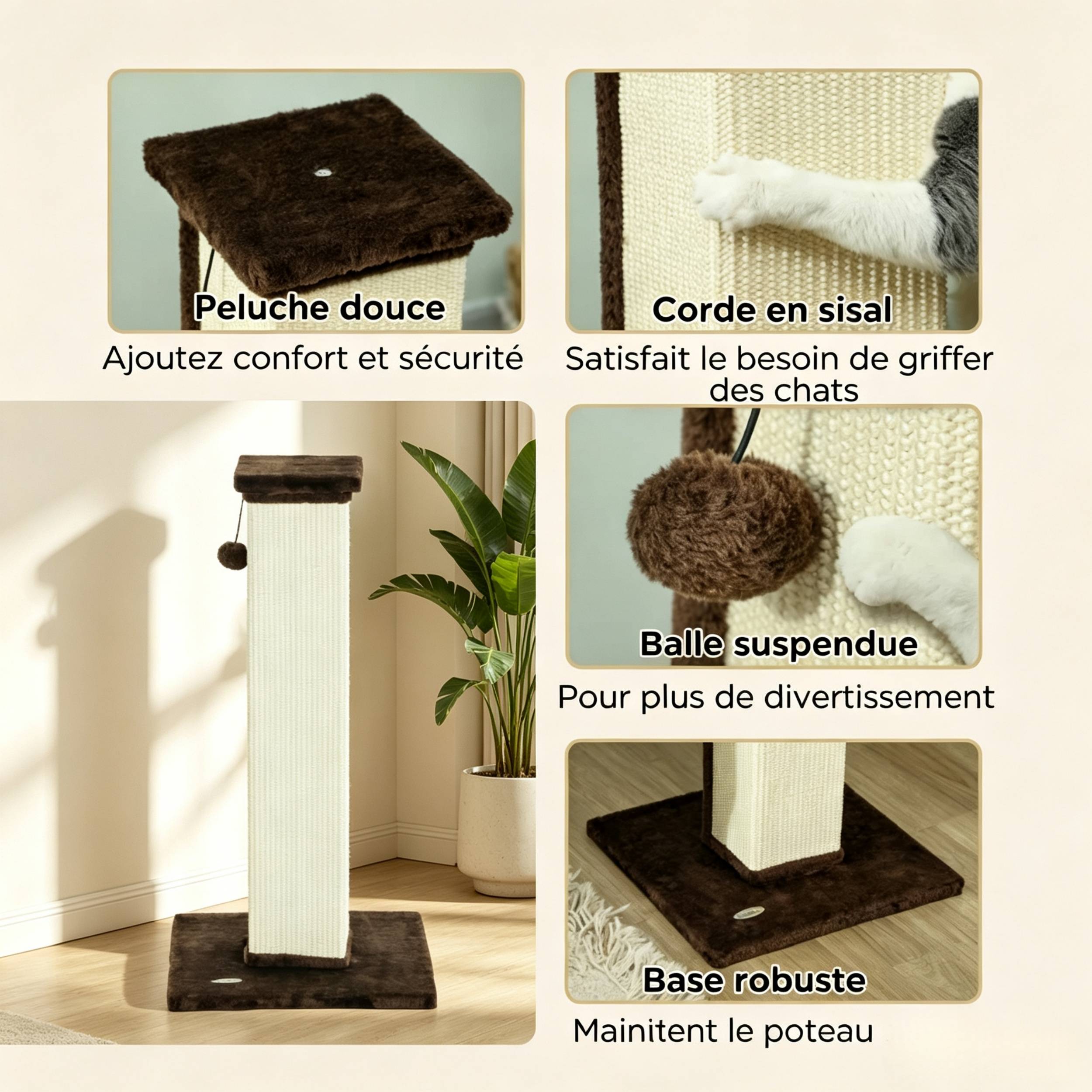 ComfortXL - Griffoir pour chat en sisal et peluche 41 x 41 x 81 cm brun crème avec balle suspendue et base stable - Image 5