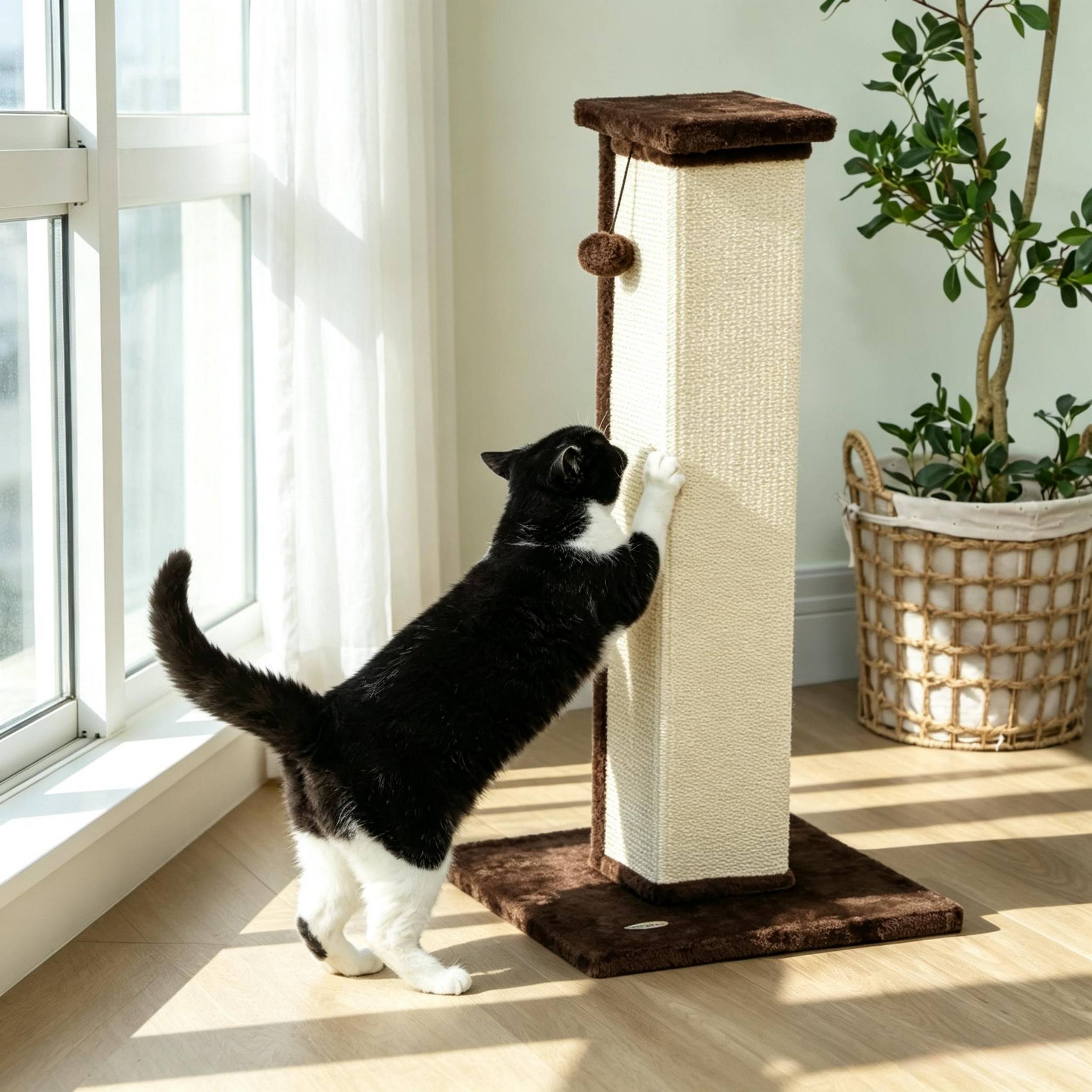 ComfortXL - Griffoir pour chat en sisal et peluche 41 x 41 x 81 cm brun crème avec balle suspendue et base stable - Image 1