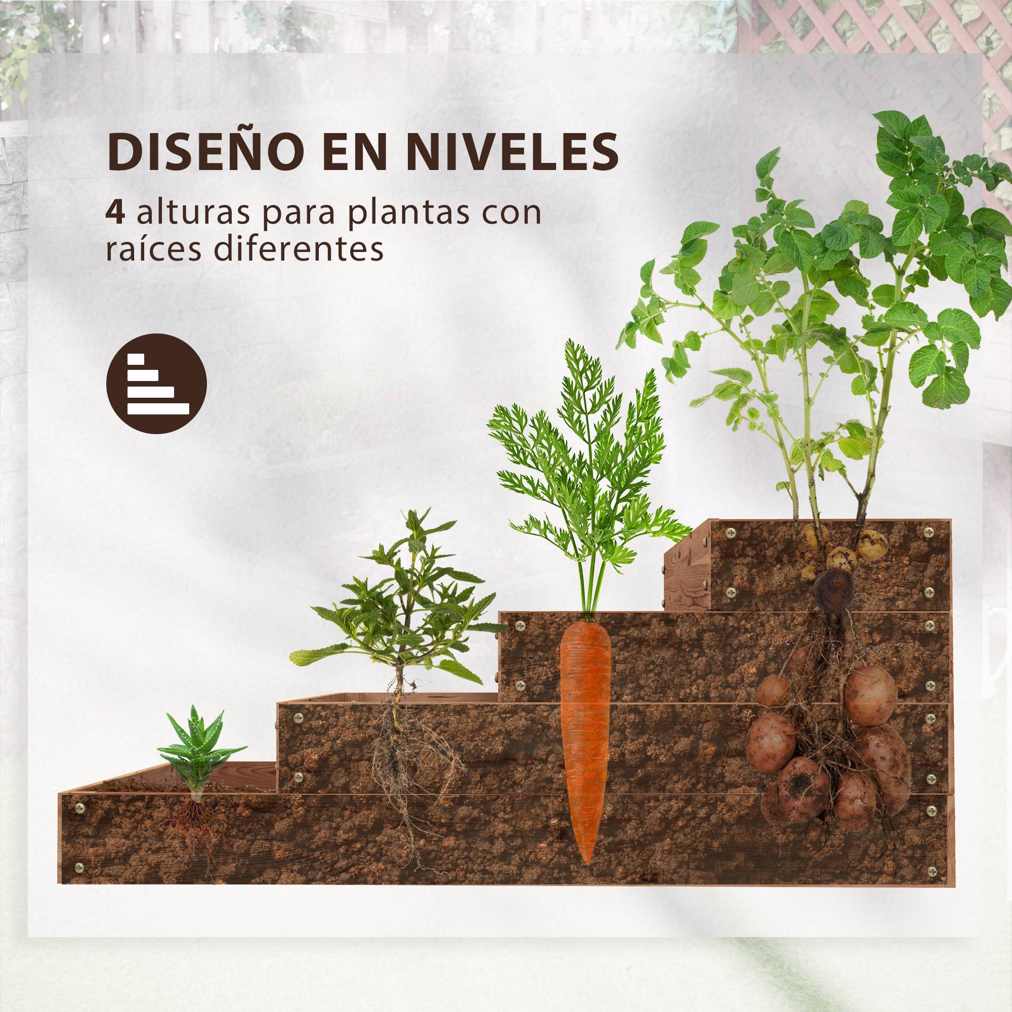 Jardinière surélevée en bois à 4 niveaux avec échelle intégrée, idéale pour la culture de plantes et de fleurs, 113 x 113 x 46 cm, marron foncé - Image 6