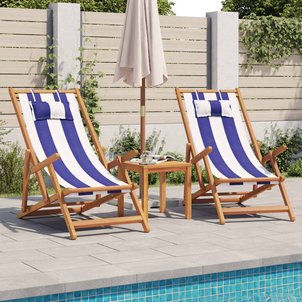 Maison Chic - lot de 2 Chaises de plage pliantes - Bain de soleil - Transat bleu blanc tissu bois massif HL302