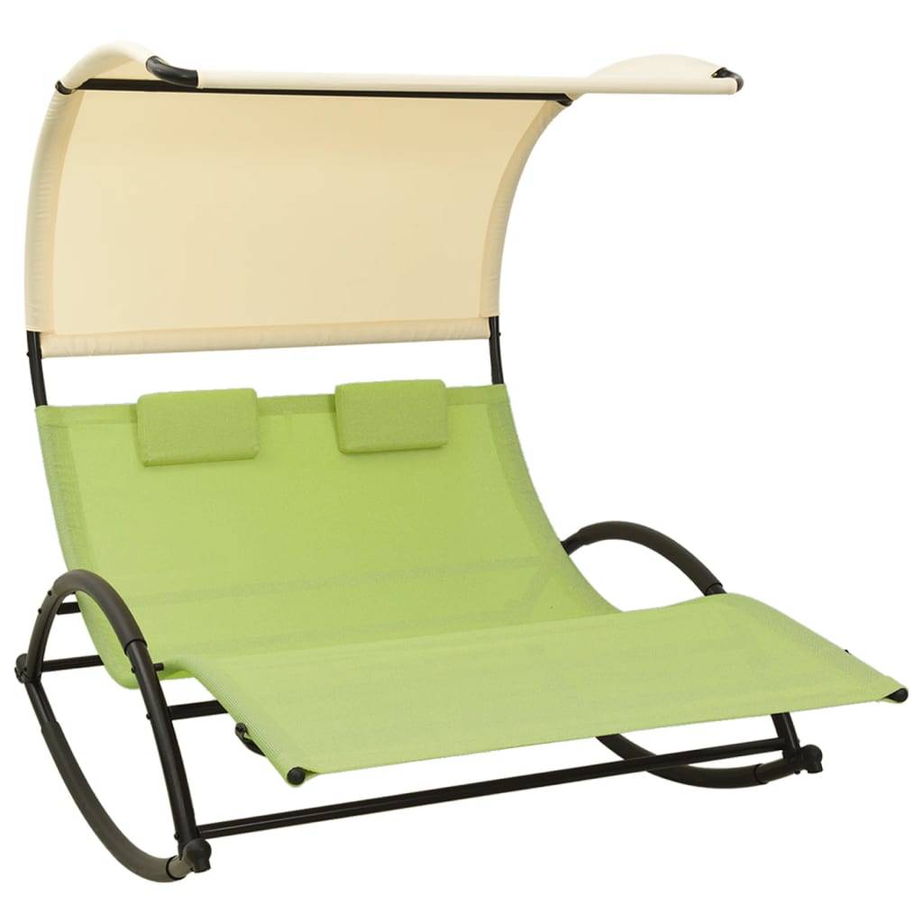 Helloshop26 - Transat chaise longue bain de soleil lit de jardin terrasse meuble d'extérieur double avec auvent textilène vert et crème - Image 1