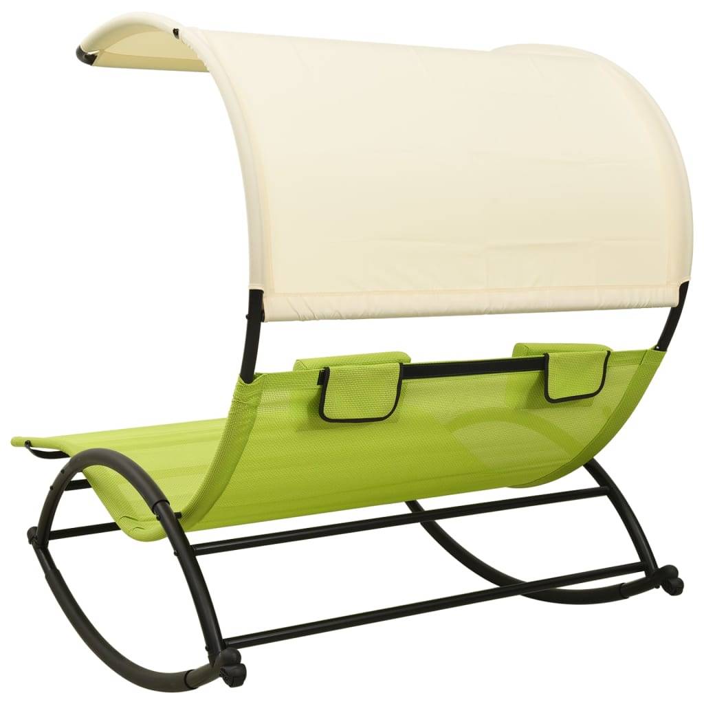 Helloshop26 - Transat chaise longue bain de soleil lit de jardin terrasse meuble d'extérieur double avec auvent textilène vert et crème - Image 4