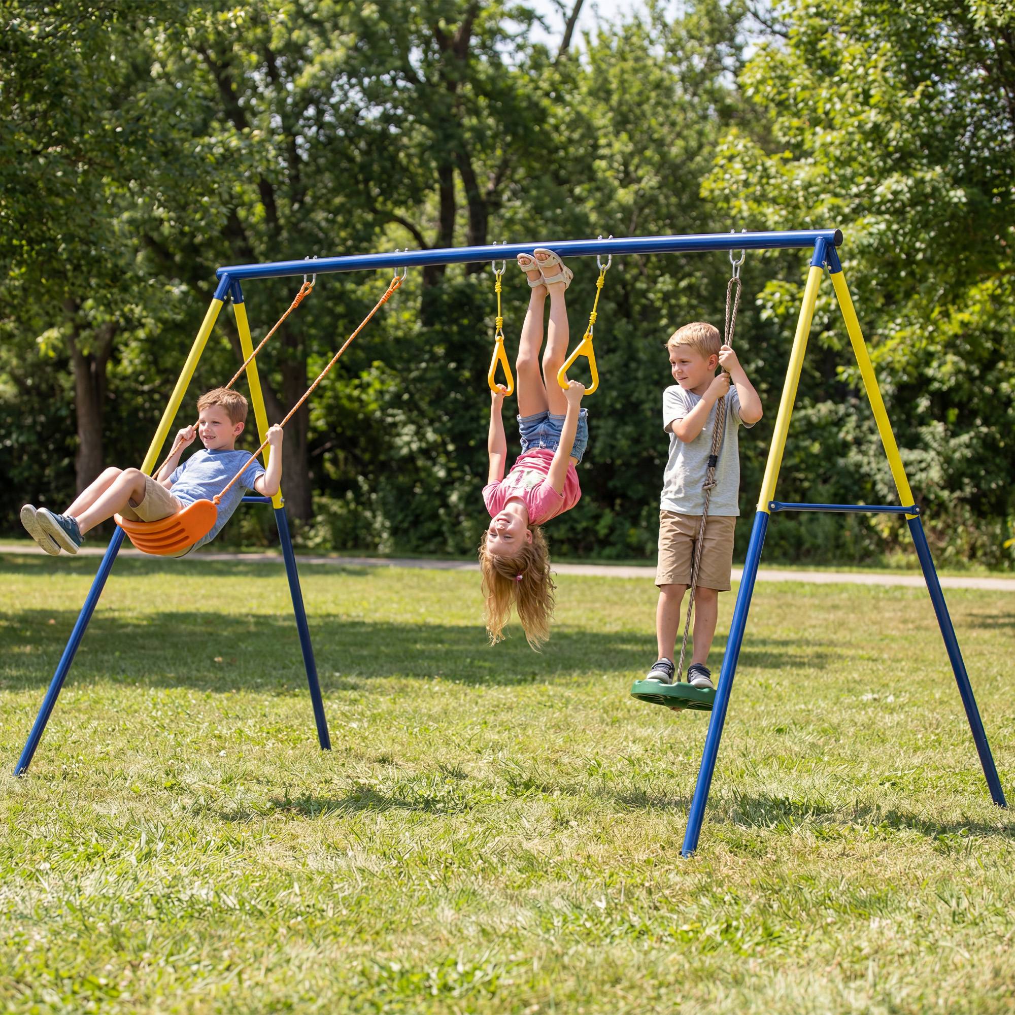 Balançoire jardin 3 en 1 enfant 3-8 ans acier PE 285x160x181 cm multicolore - Image 4
