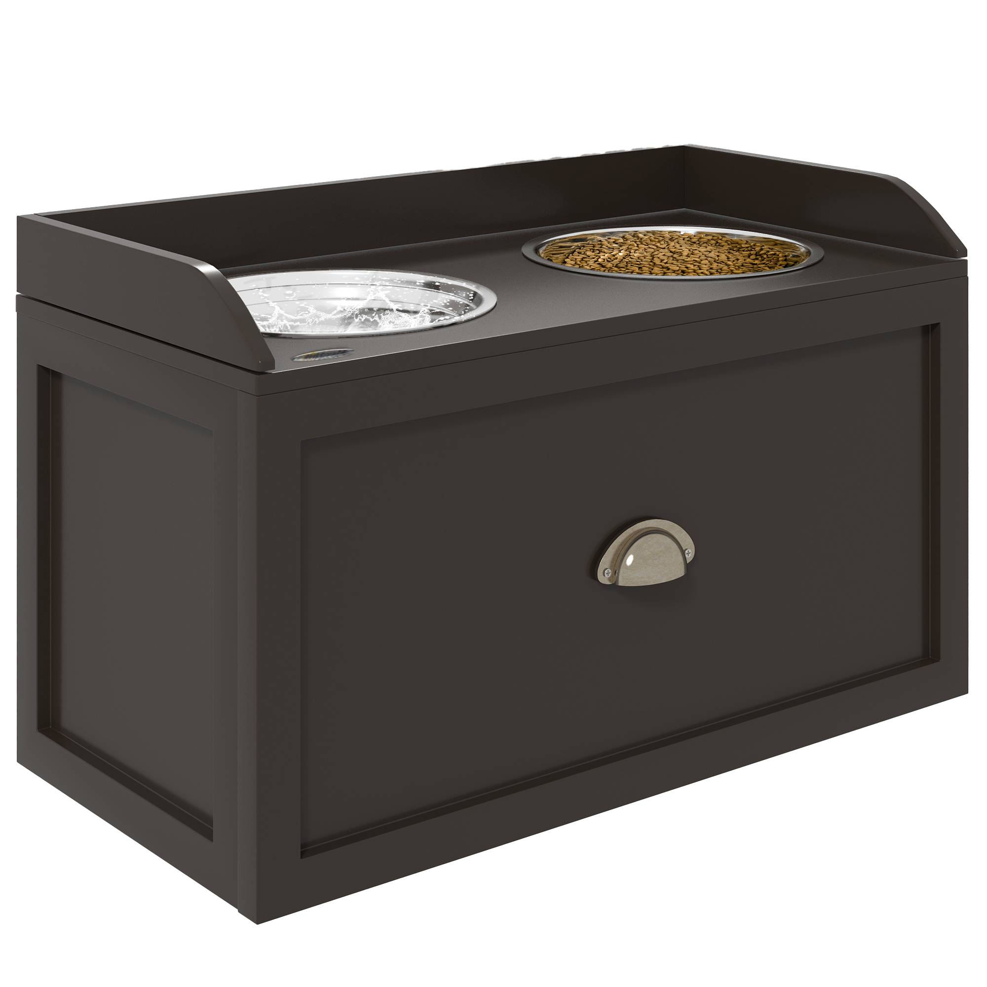 Sans Marque - Station alimentation gamelles surélevées 2 gamelles 2 plateaux inox 1 rangement 60x30x36 cm marron - Image 1