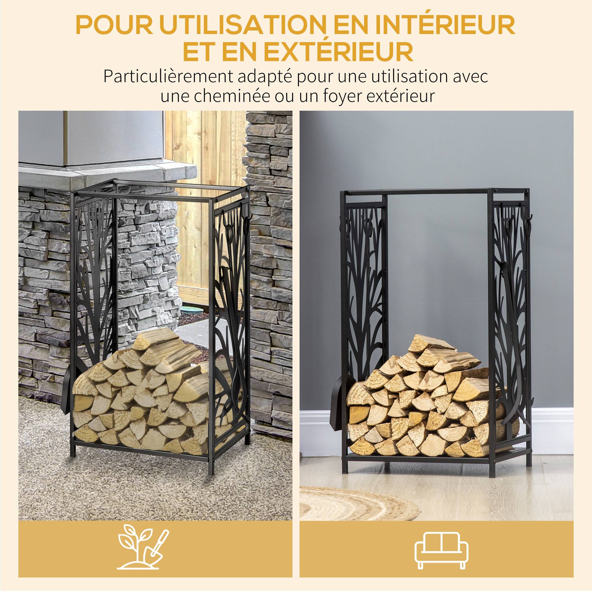 Porte bûches - Range bûches Serviteur de cheminée Arbre - Multi Accessoires étagère 46L x 29l x 70H cm Acier Noir - Image 8