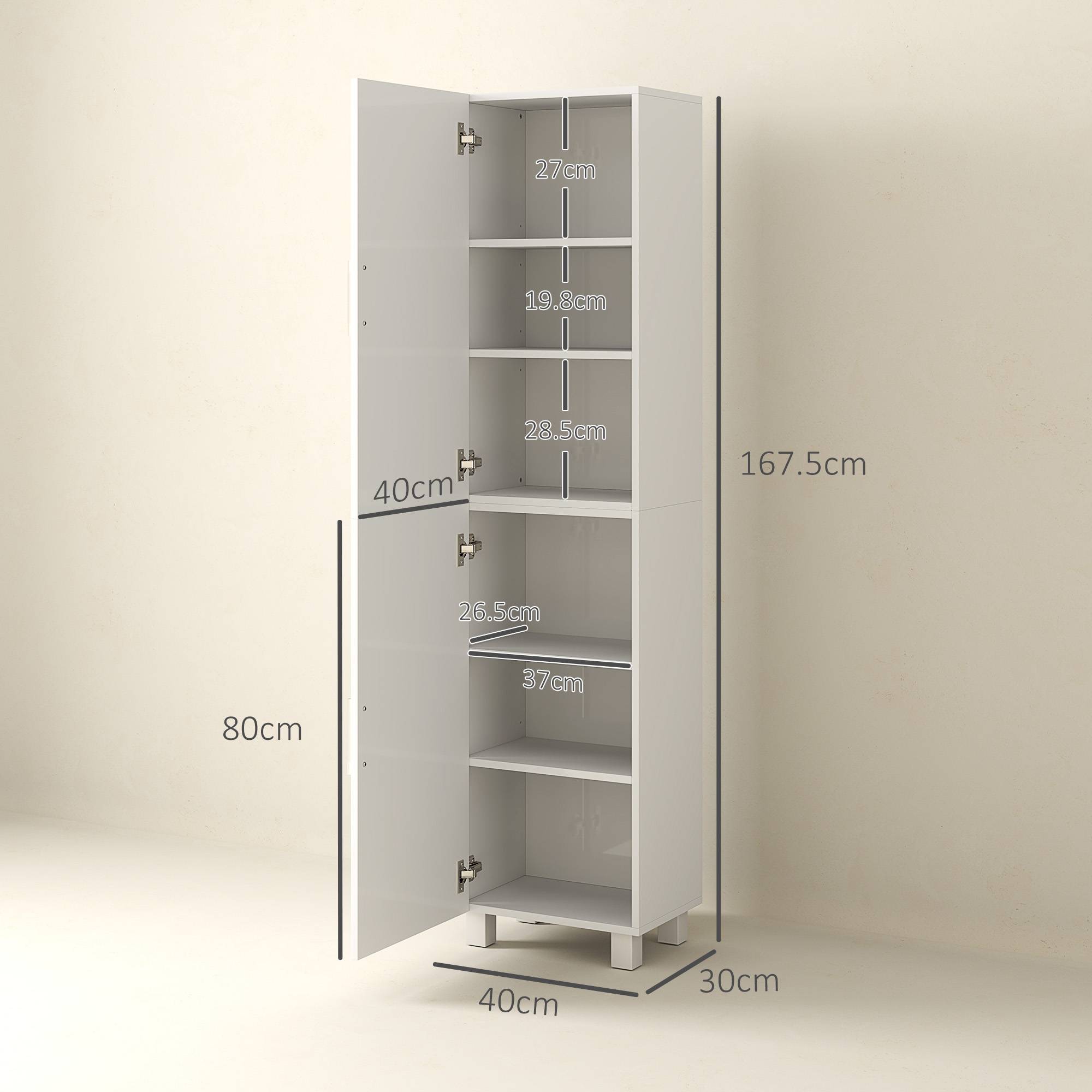 Colonne salle de bain moderne avec 2 placards et étagères réglables, meuble rangement vertical 40x30x167,5 cm blanc - Image 5
