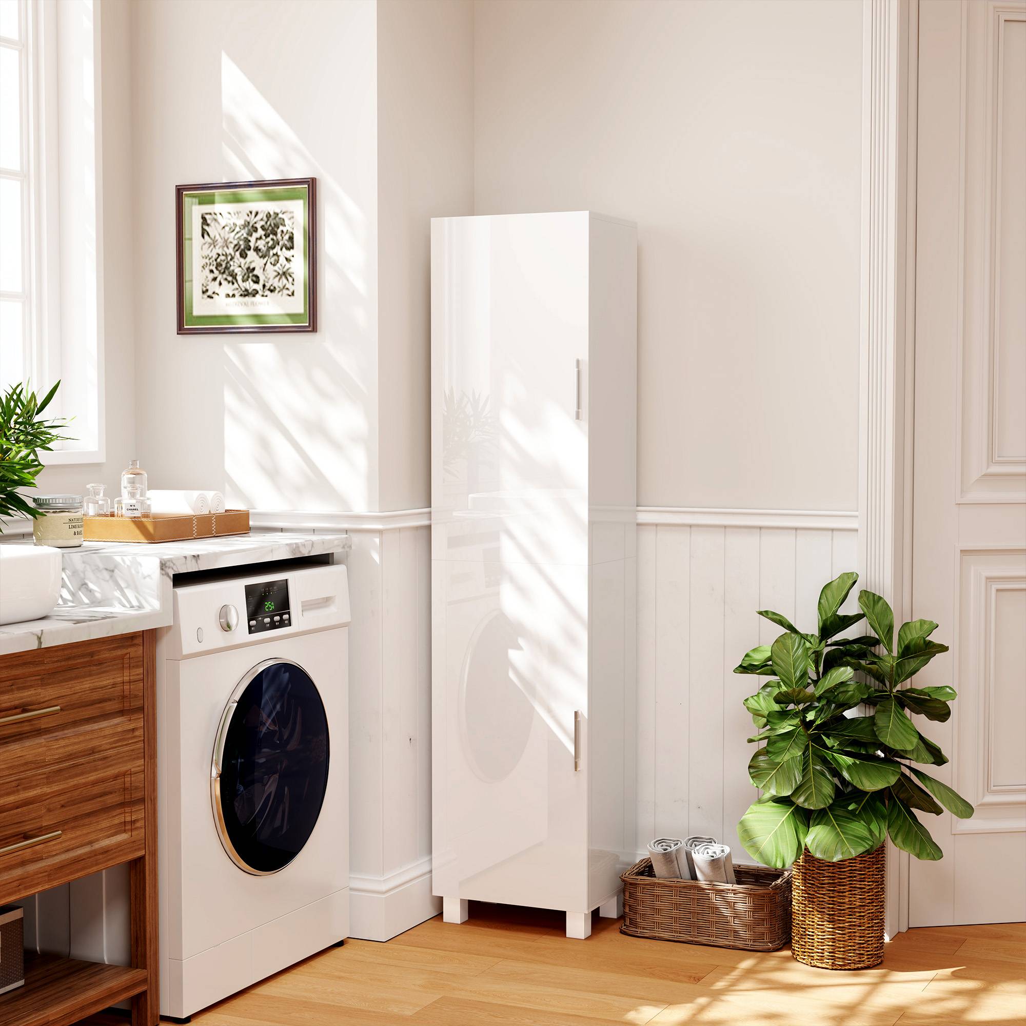 Colonne salle de bain moderne avec 2 placards et étagères réglables, meuble rangement vertical 40x30x167,5 cm blanc - Image 3