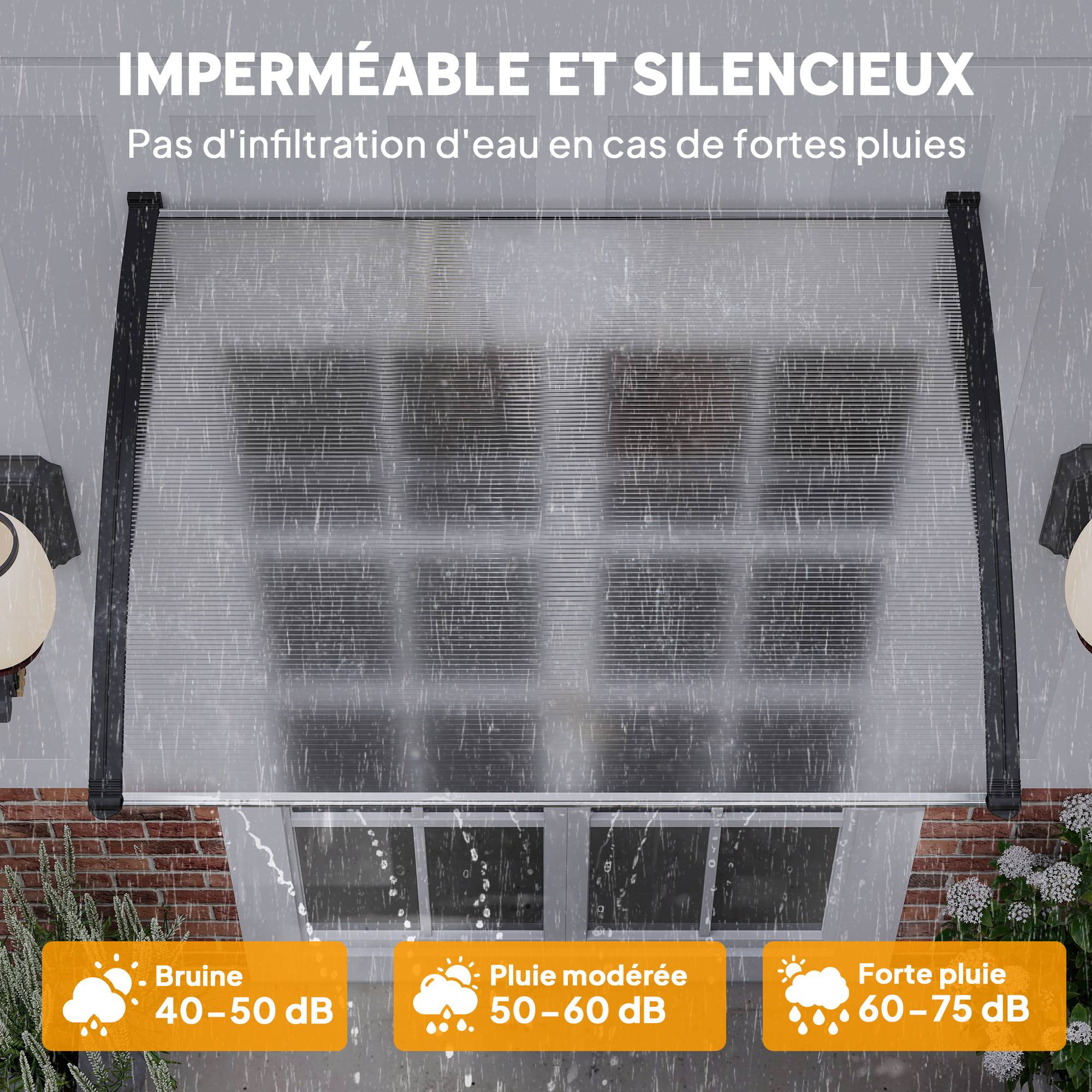 Auvent de porte d'entrée toit marquise en polycarbonate protection contre pluie neige UV 90 x 122 cm, transparente - Image 7
