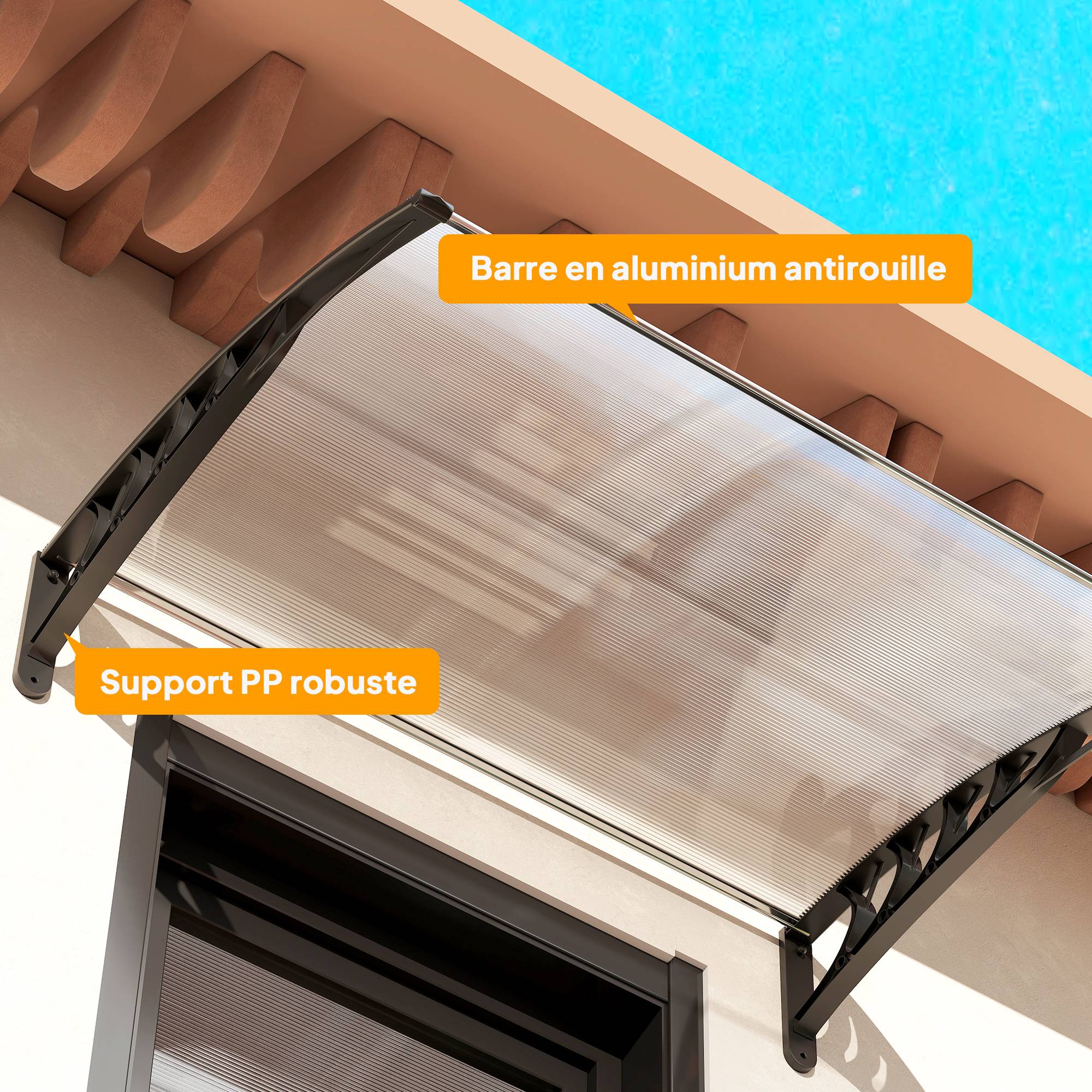Auvent de porte d'entrée toit marquise en polycarbonate protection contre pluie neige UV 90 x 122 cm, transparente - Image 10