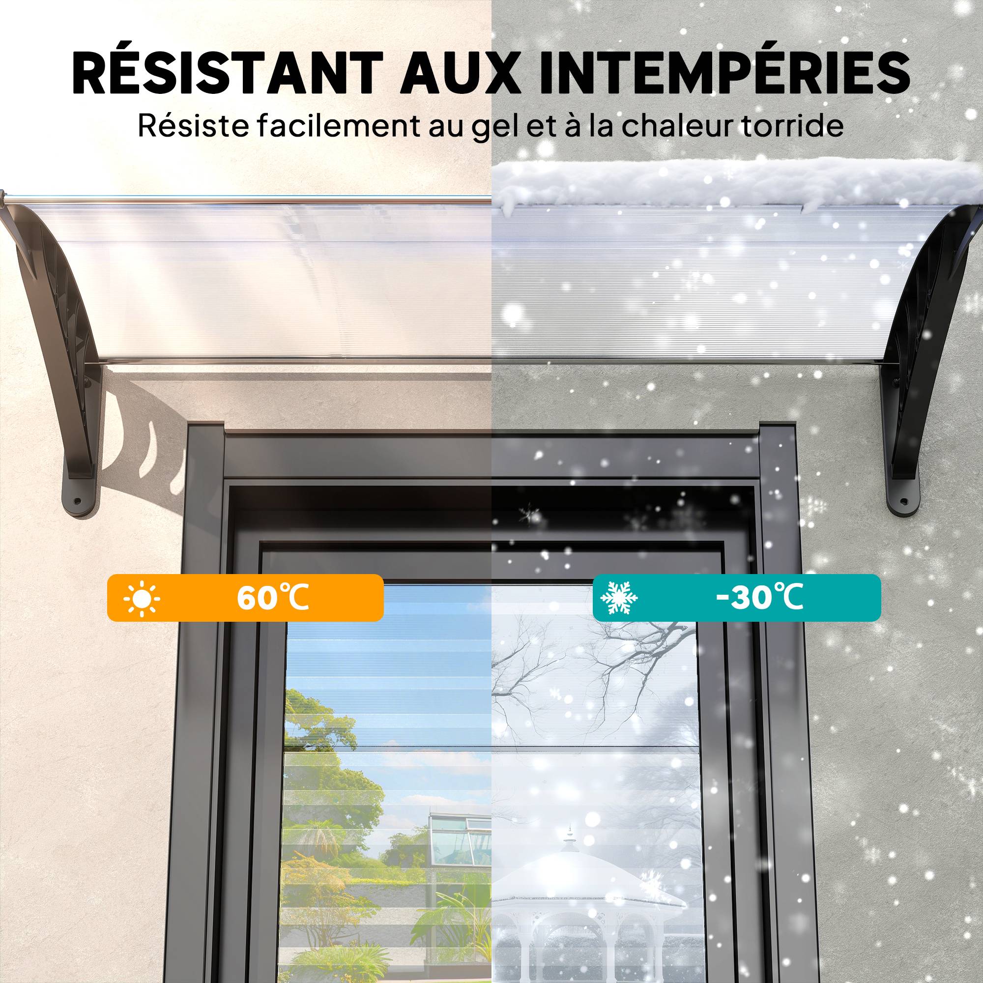 Auvent de porte d'entrée toit marquise en polycarbonate protection contre pluie neige UV 90 x 122 cm, transparente - Image 8