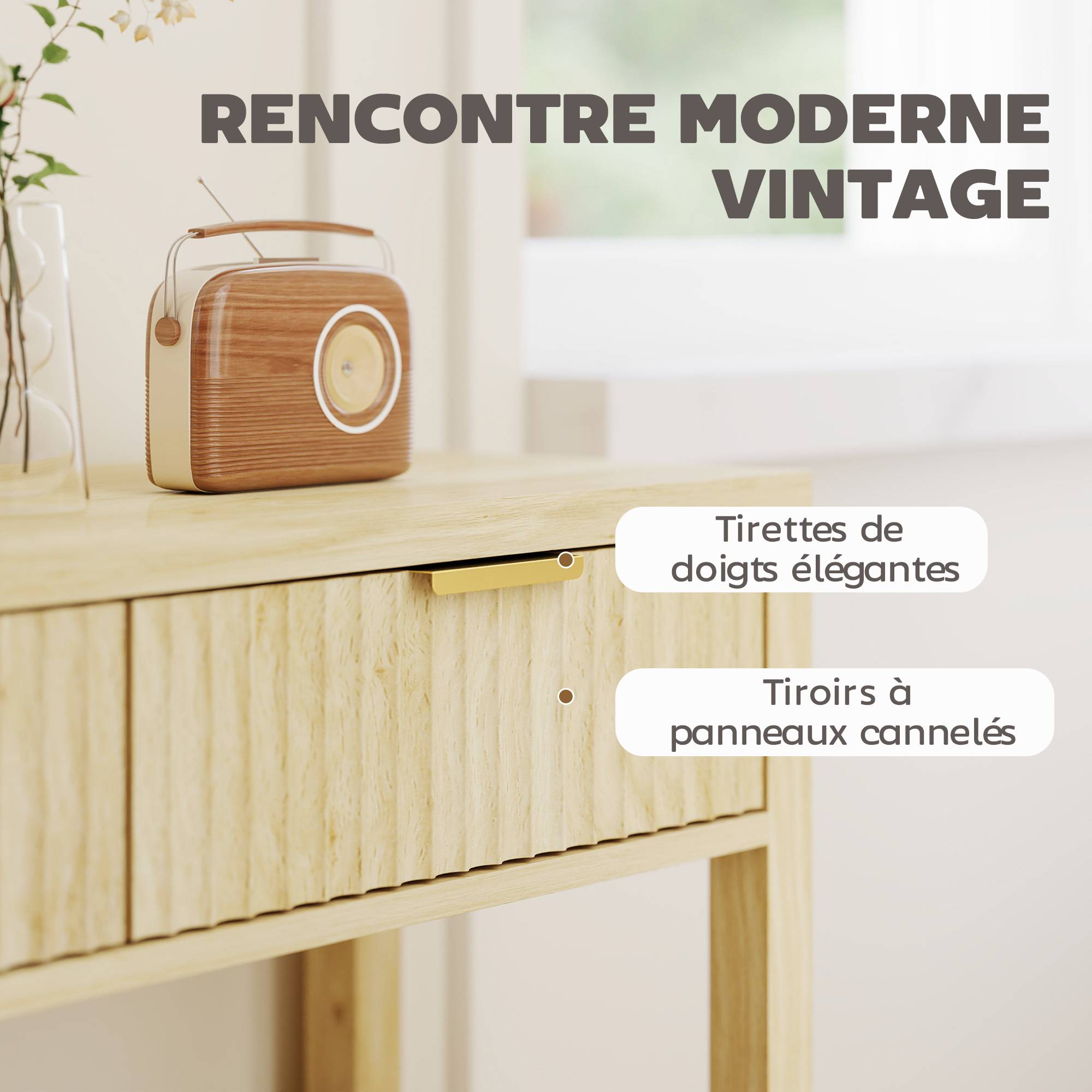 Console meuble 90 cm, table console étroite avec 2 tiroirs rainurés et étagère, style moderne, bois naturel - Image 7