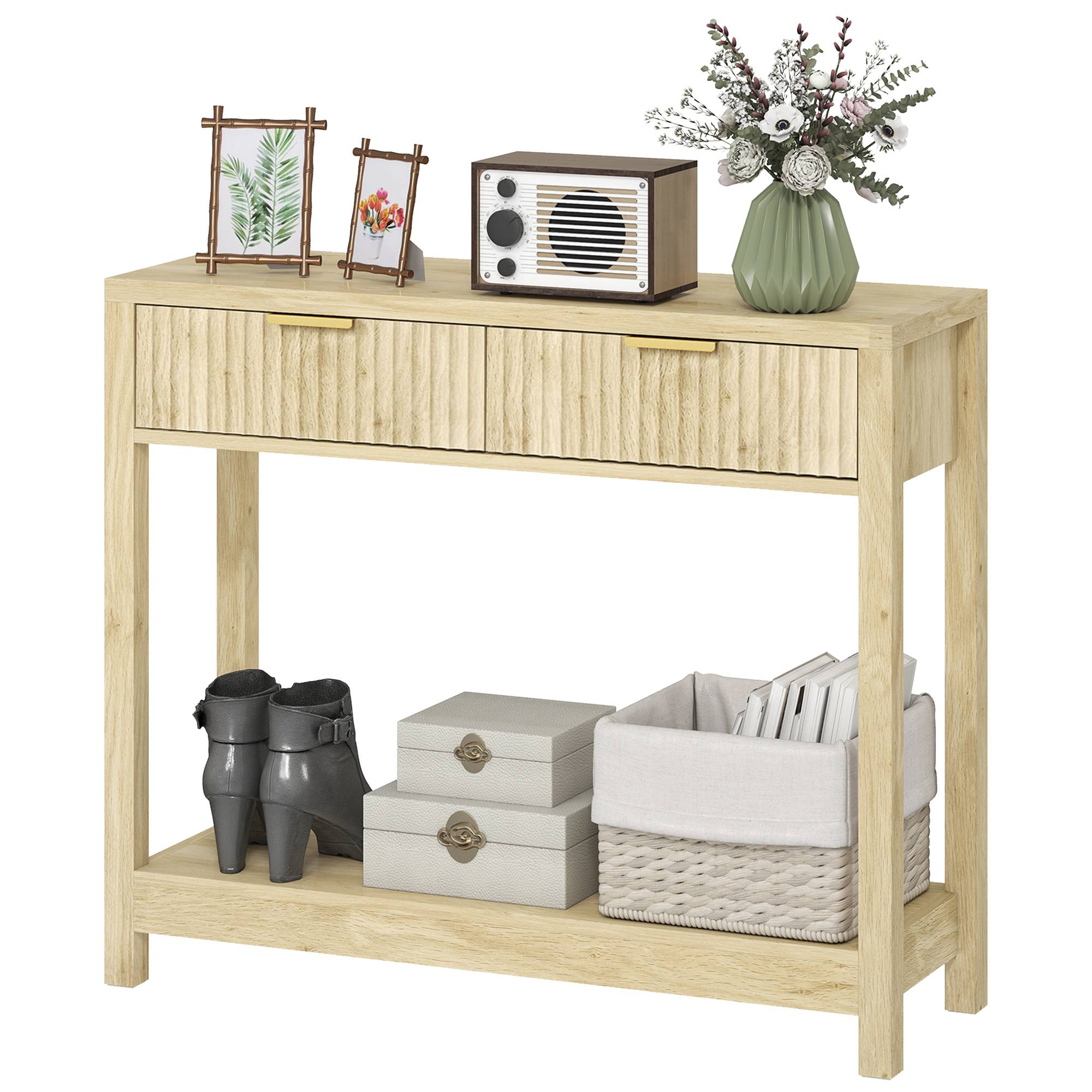 Console meuble 90 cm, table console étroite avec 2 tiroirs rainurés et étagère, style moderne, bois naturel - Image 2