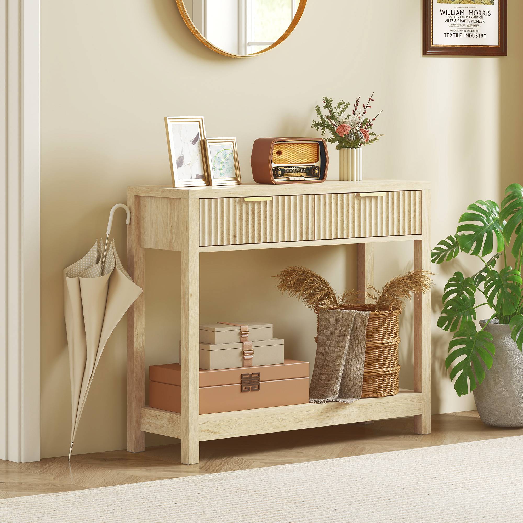 Console meuble 90 cm, table console étroite avec 2 tiroirs rainurés et étagère, style moderne, bois naturel - Image 4