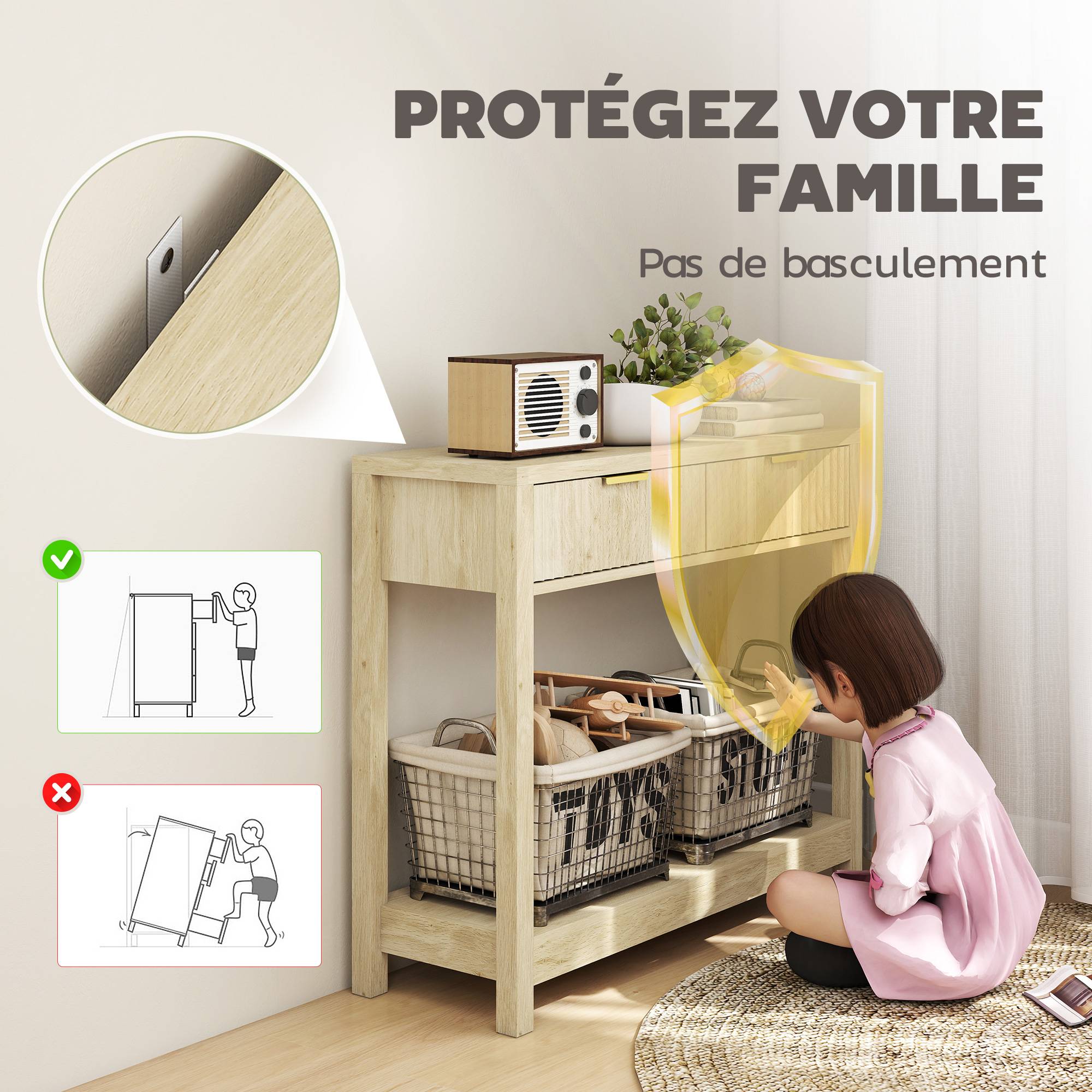 Console meuble 90 cm, table console étroite avec 2 tiroirs rainurés et étagère, style moderne, bois naturel - Image 8